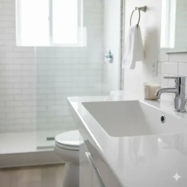 Modern white bathroom with a sink, toilet, and glass shower.