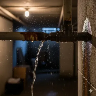 Water gushing from a rusty pipe in a dim basement, water droplets on a concrete wall.