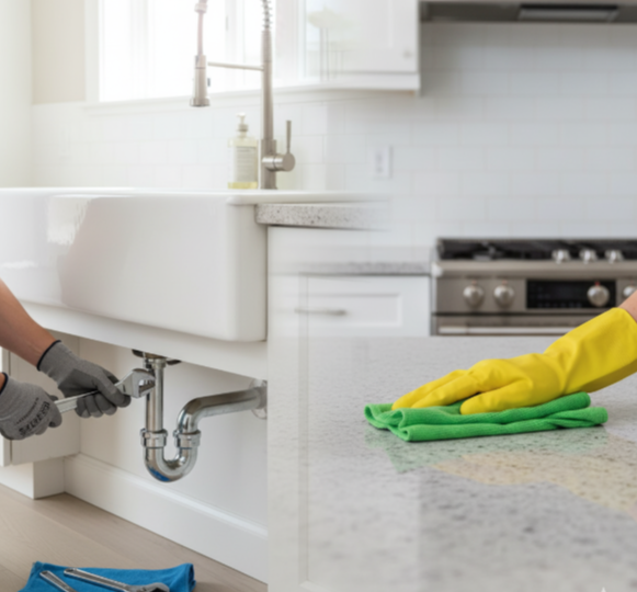 Plumber fixing sink pipes; hand wearing yellow glove wiping countertop in a kitchen.