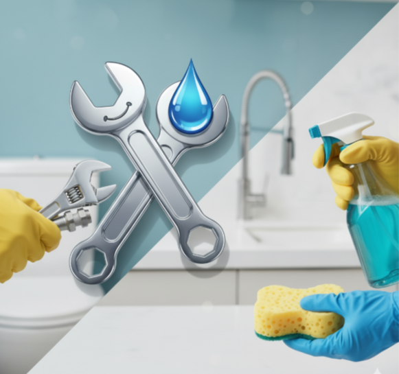 Plumbing and cleaning services concept: wrenches and water drop icon with bathroom and cleaning supplies.