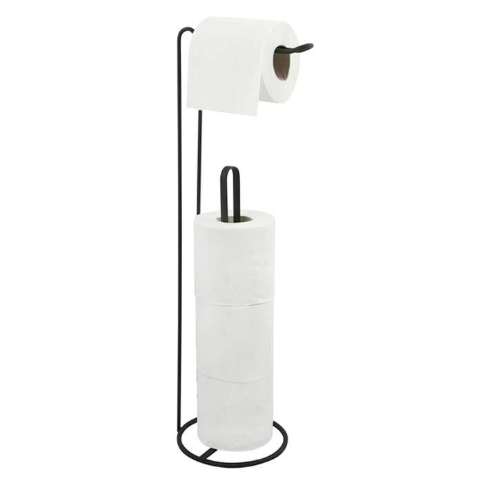 Un portarrollos de papel higiénico negro con dos rollos de papel higiénico encima.