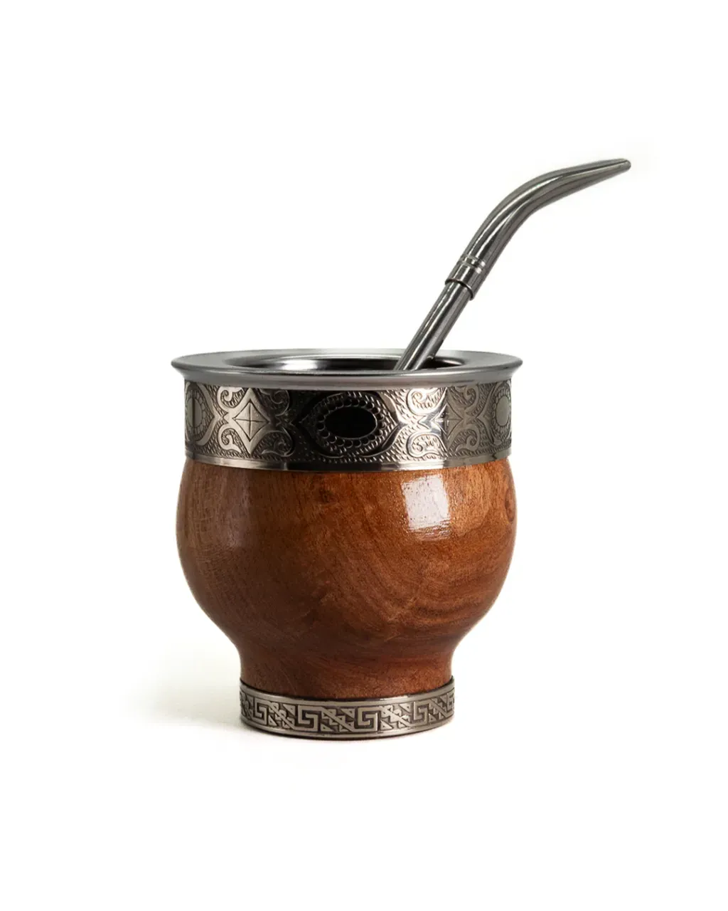 MATE IMPERIAL DE ALGARROBO CON BASE Y VIROLA DE ALPACA