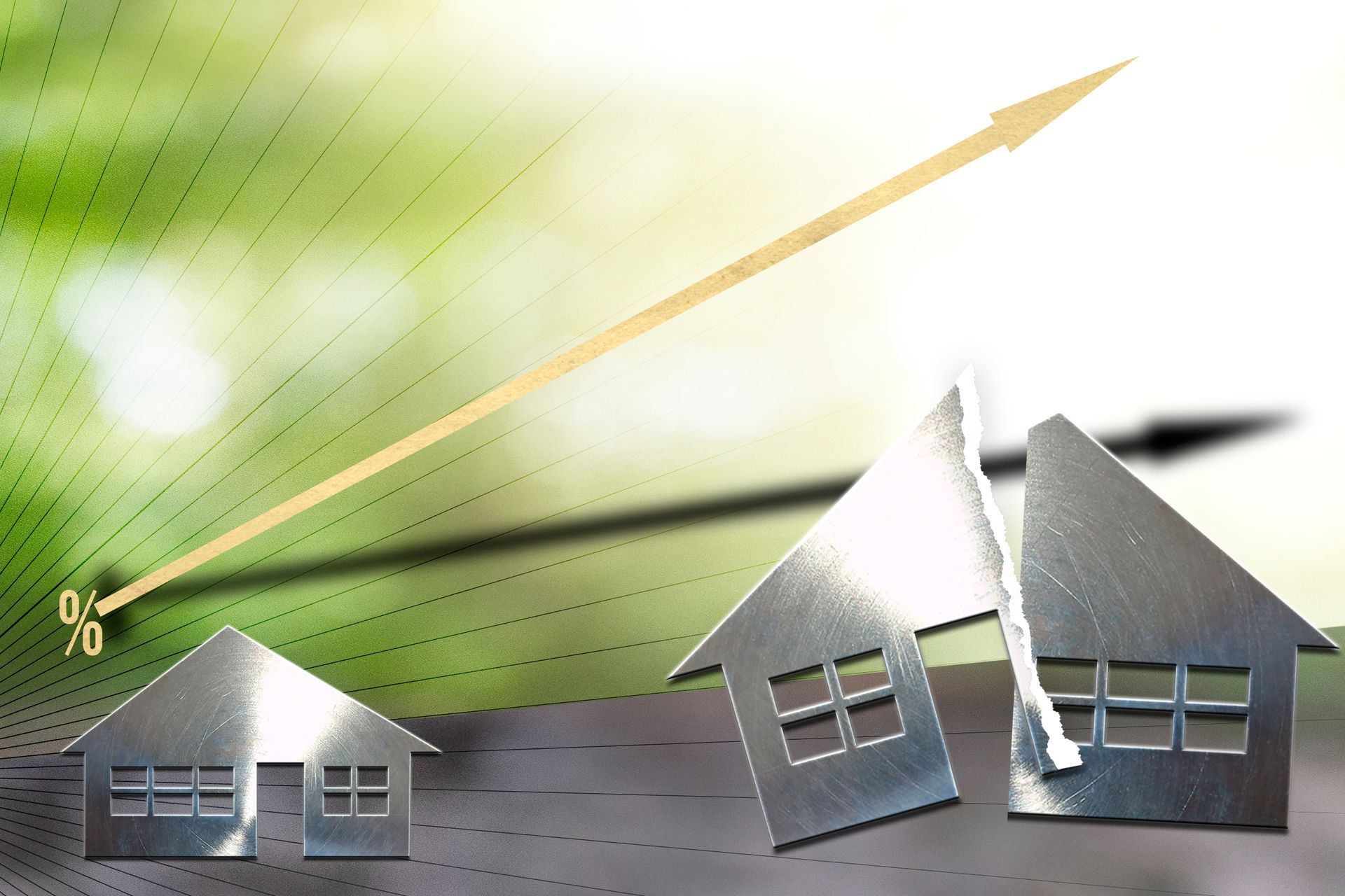 Metallic house silhouettes with an upward trending arrow, suggesting rising property values.