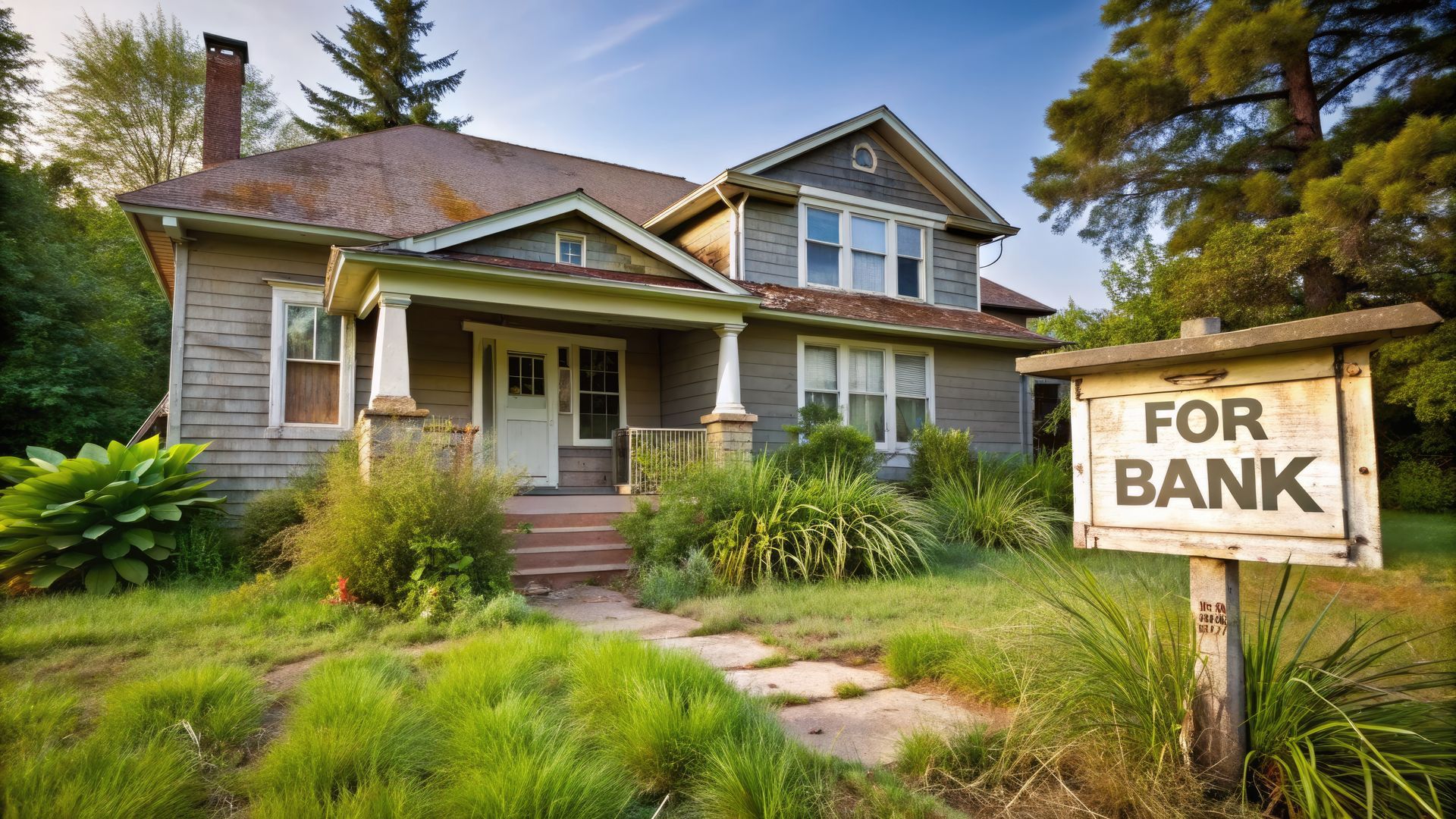 Dilapidated house, overgrown yard, 