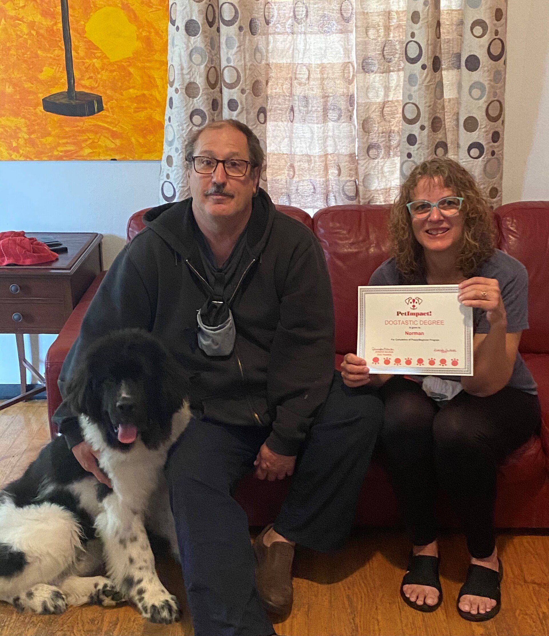 Couple and dog on red couch, woman holds certificate. Man in black hoodie, dog black/white. Indoor setting.