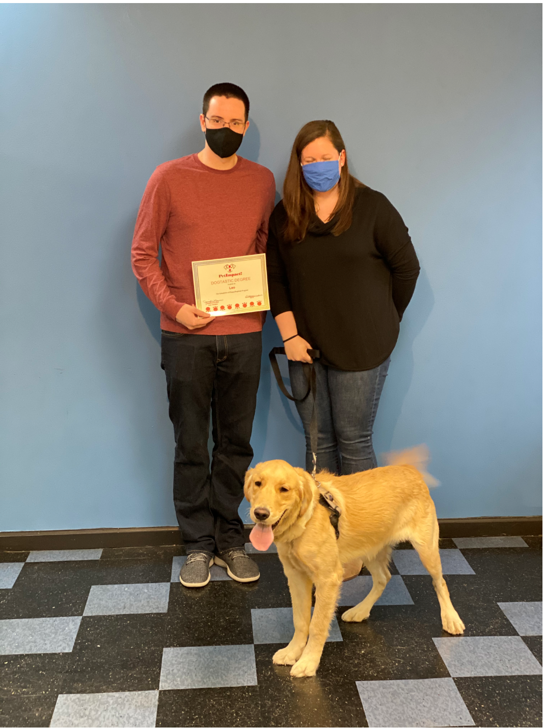A man and woman with a golden retriever dog, standing in front of a blue wall, holding a certificate.