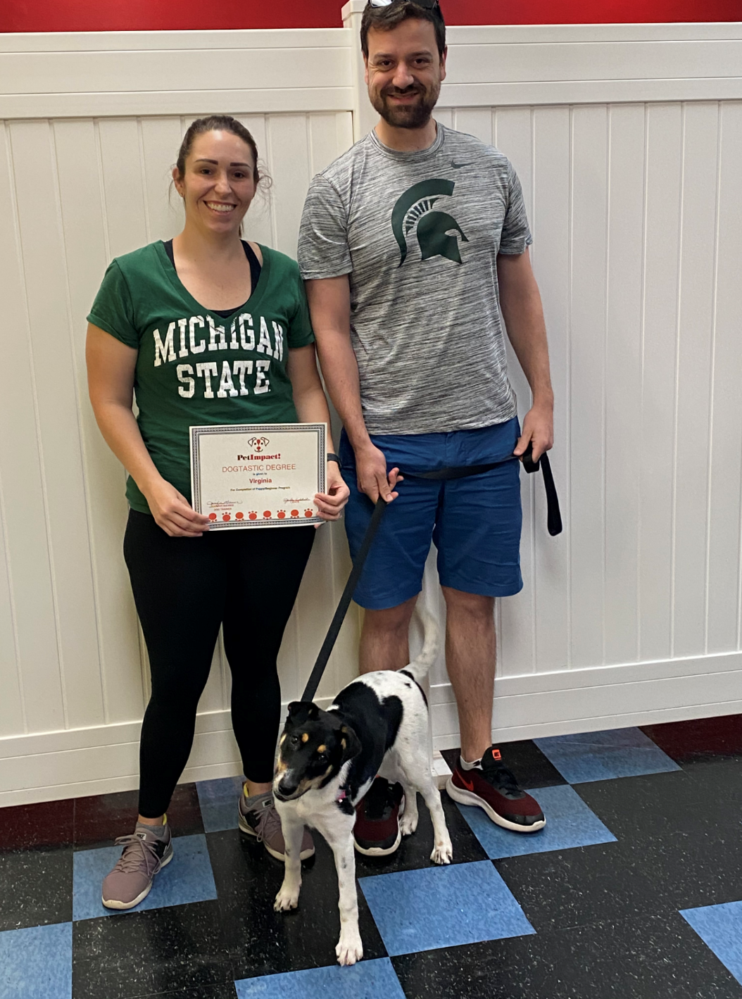 A woman and man with a black and white dog. Woman holds a certificate, all are smiling in front of a white wall.