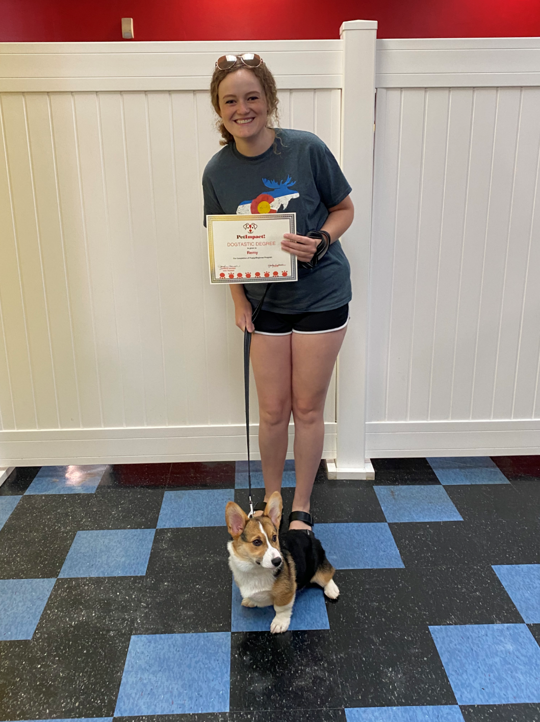 Woman with corgi and certificate, smiles. They stand in front of a white fence. Blue and black checkered floor.
