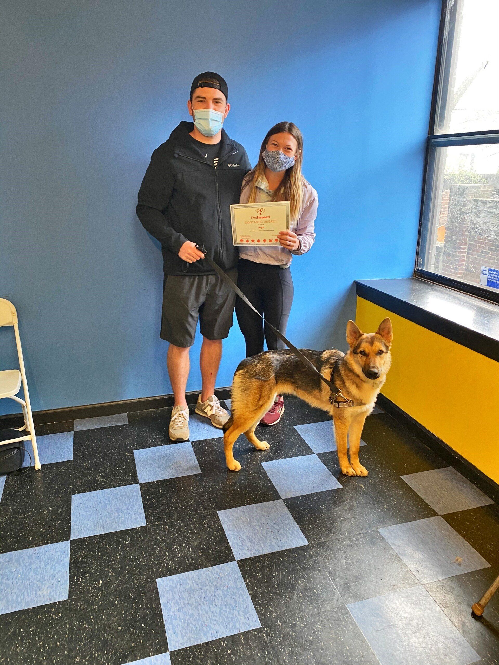 A couple stands with a German Shepherd, holding a certificate. Blue wall, checkered floor.