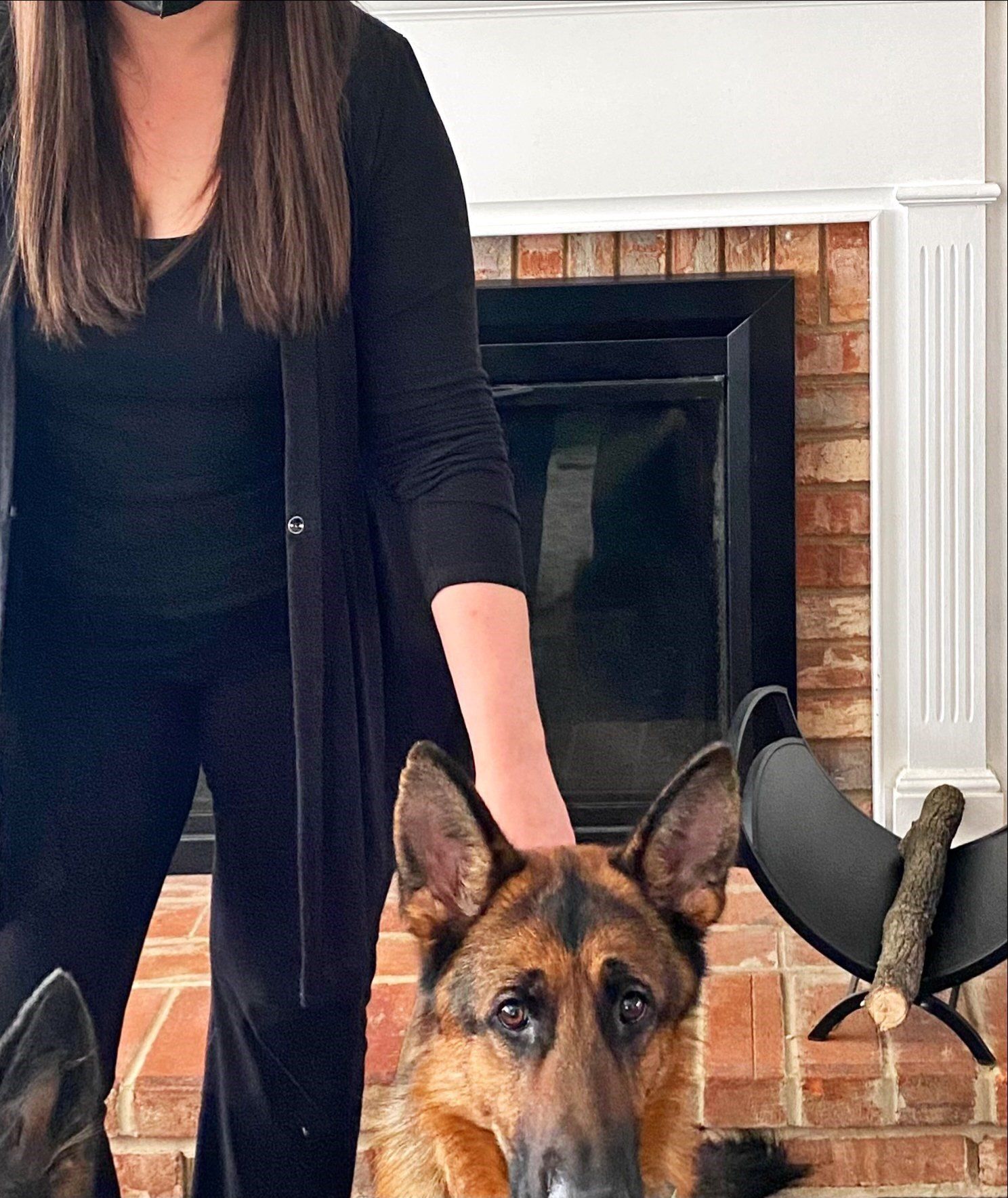 Woman petting a German Shepherd dog in front of a brick fireplace; another dog partially visible.