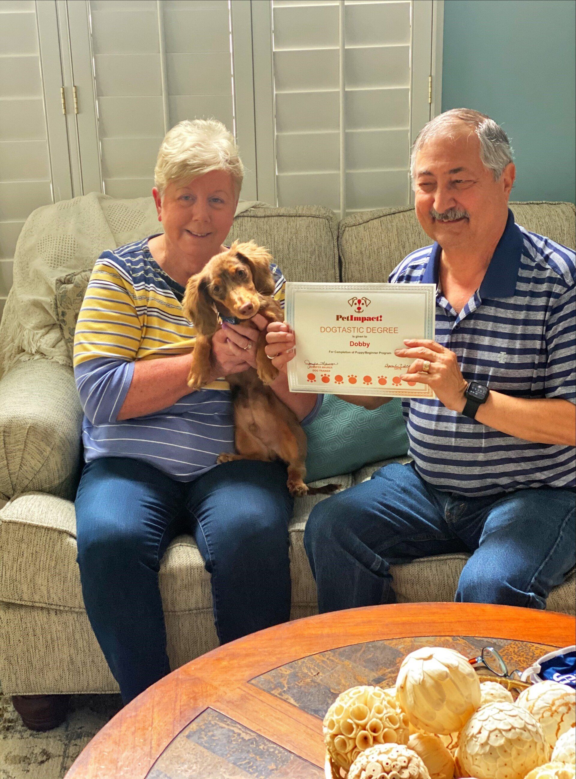 A woman and man on a couch hold a puppy and a certificate. The puppy is brown. They are smiling.