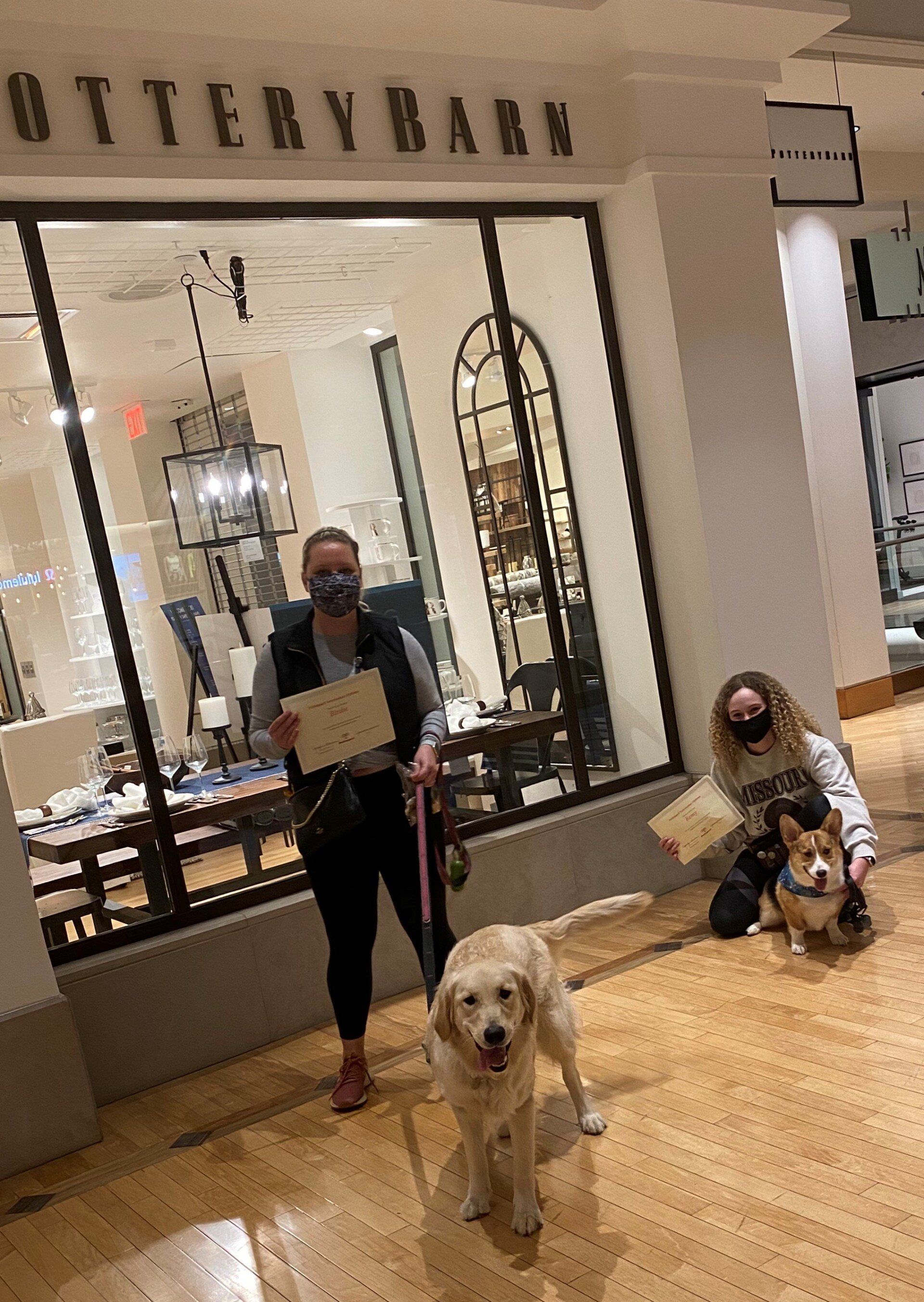 Two people and two dogs pose in front of a Pottery Barn store. They hold signs.