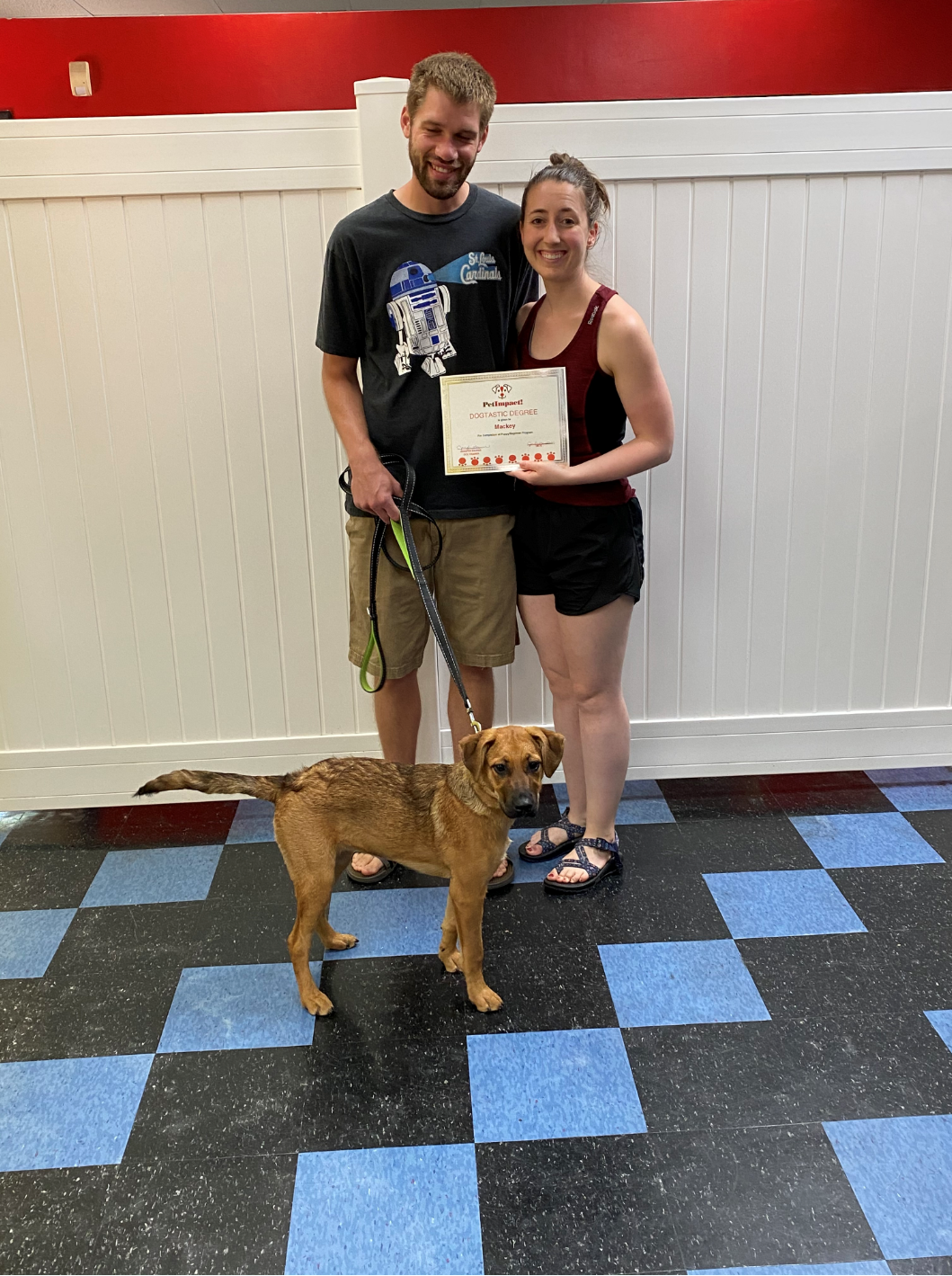 Couple and dog pose with certificate in a checkered room.