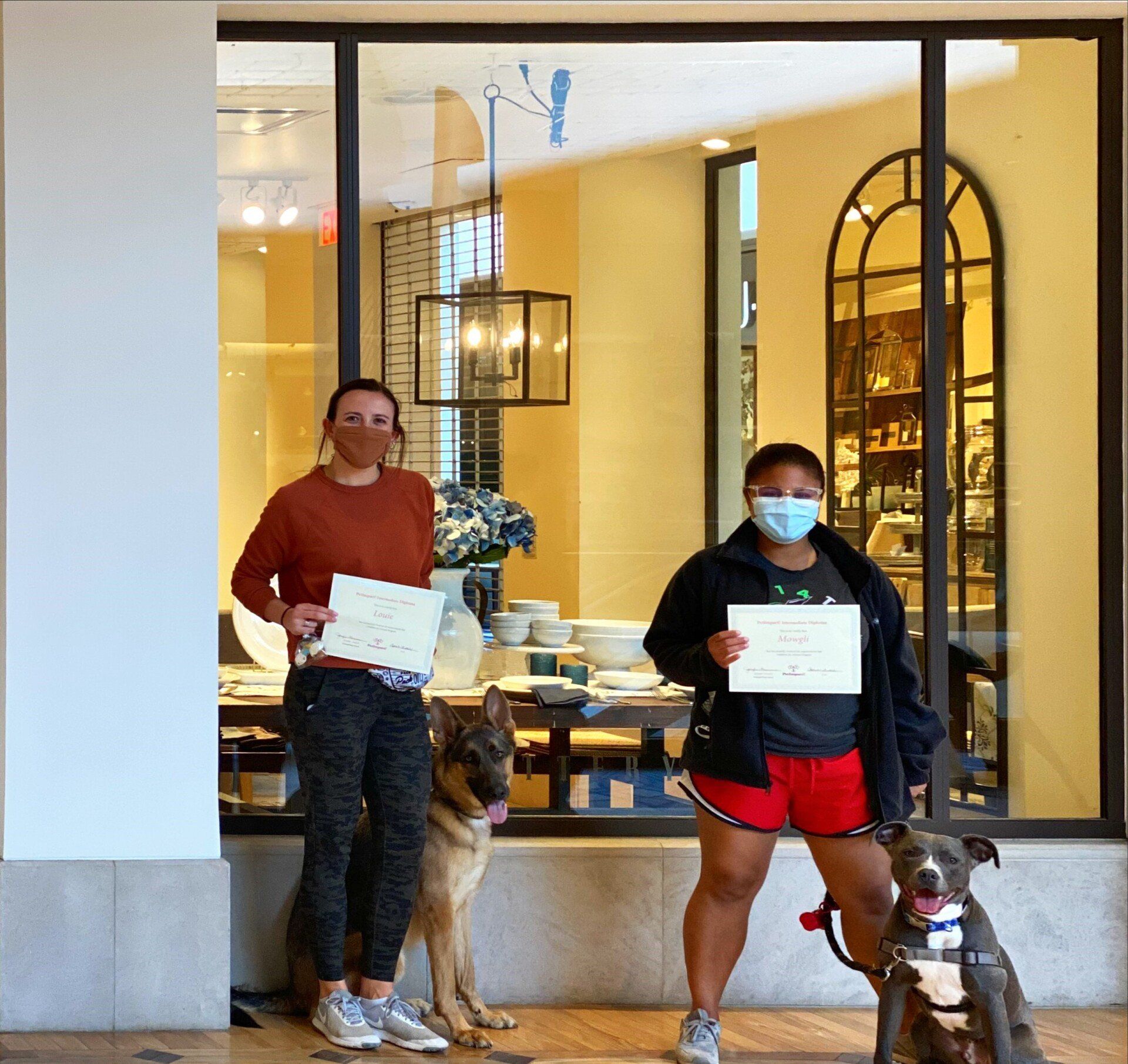 Two people with dogs hold certificates outside a store with a yellow wall and glass windows.