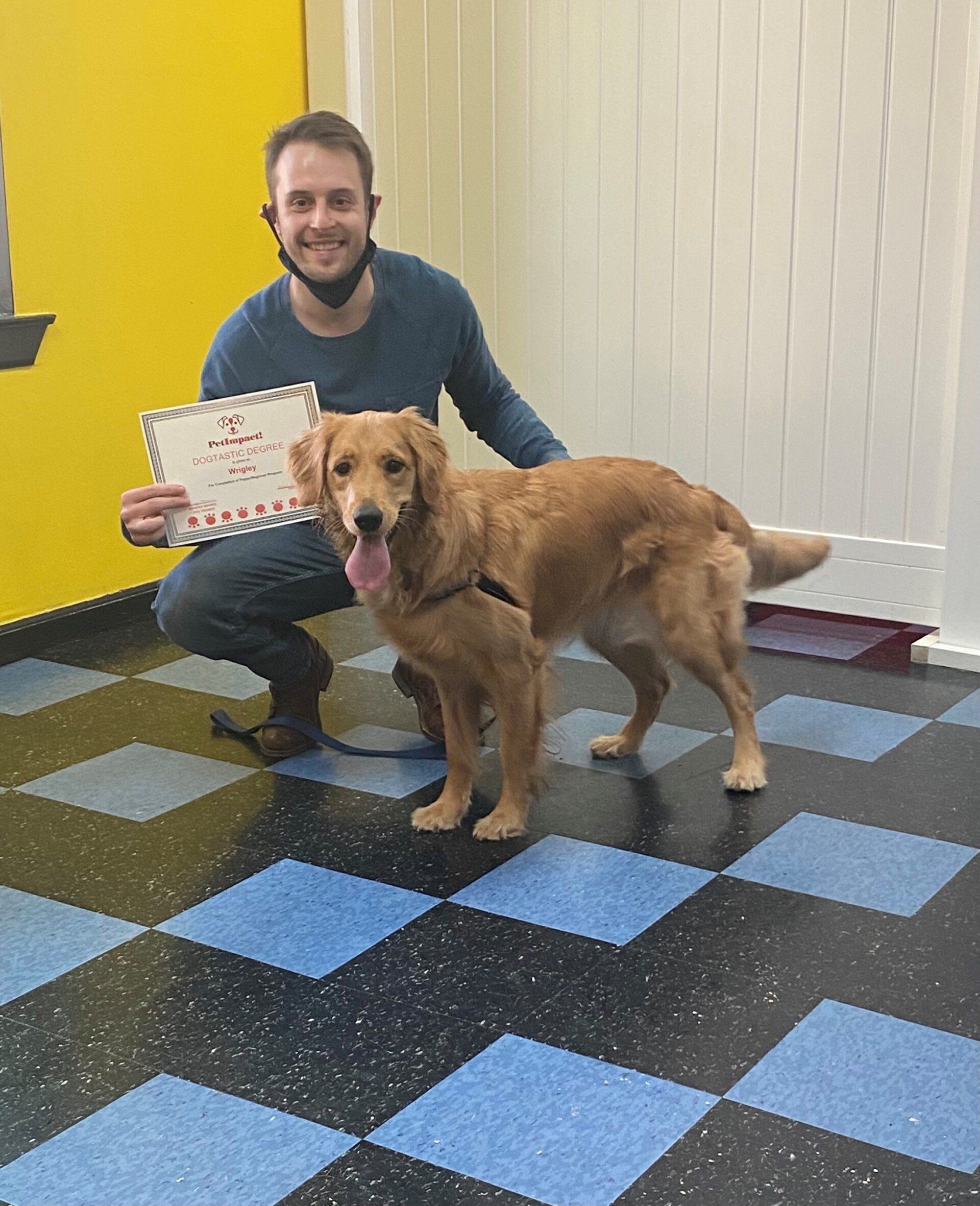 Man and golden retriever dog pose with a certificate in a room with blue and black checkered floor.