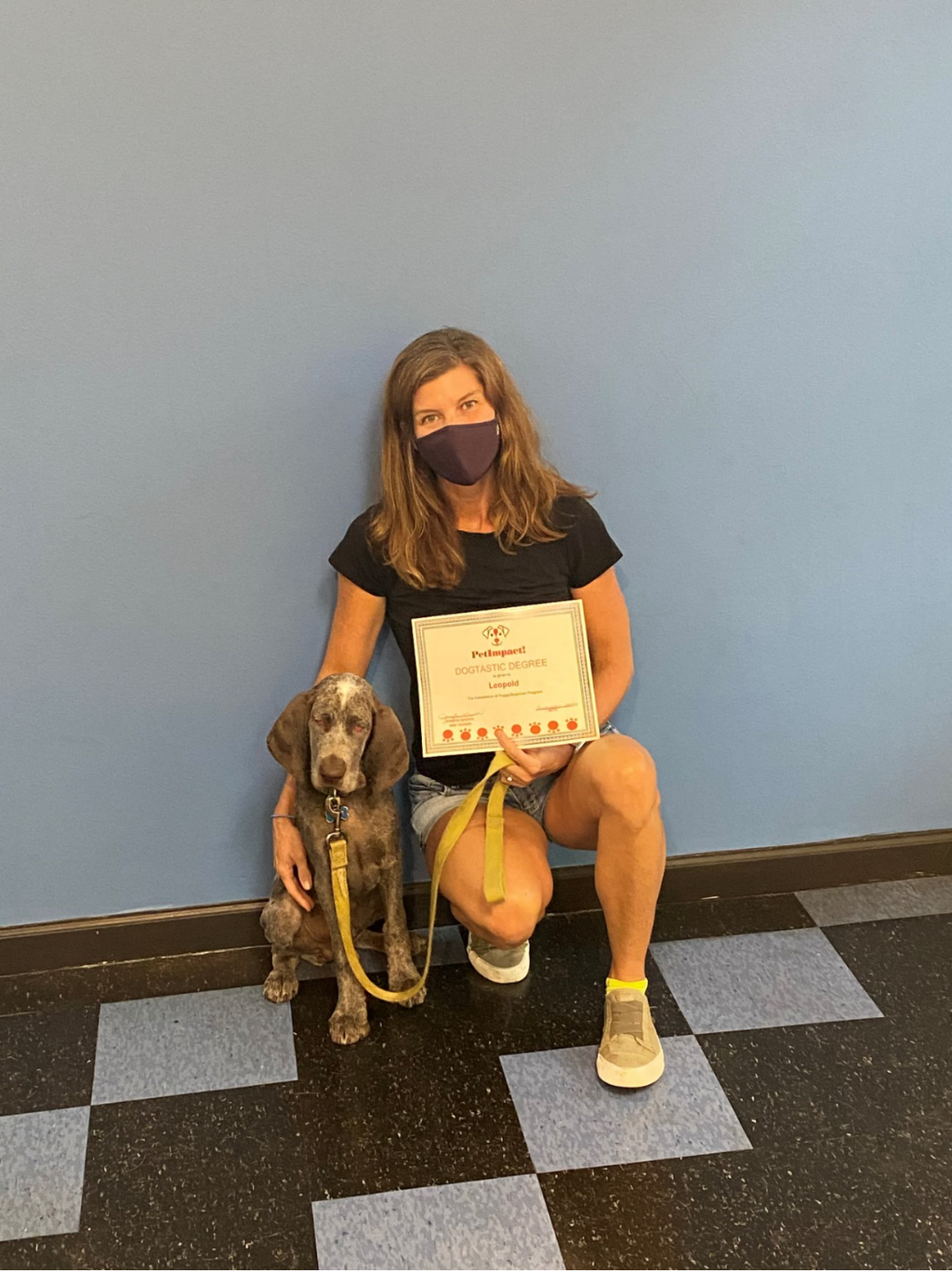 Woman in mask kneels with dog holding certificate against blue wall.