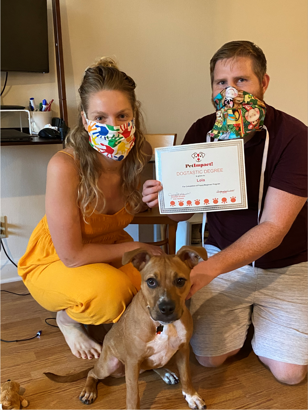 Couple and dog with certificate, all wearing face masks. Indoors, yellow dress, brown dog.