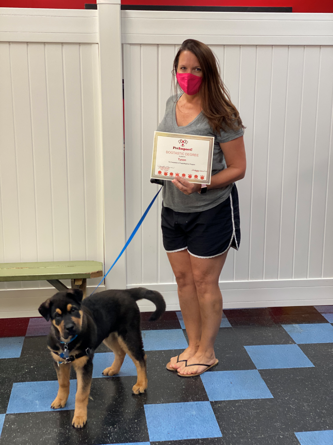 Woman in mask holding certificate, standing with dog on leash. Inside, with red and white walls.