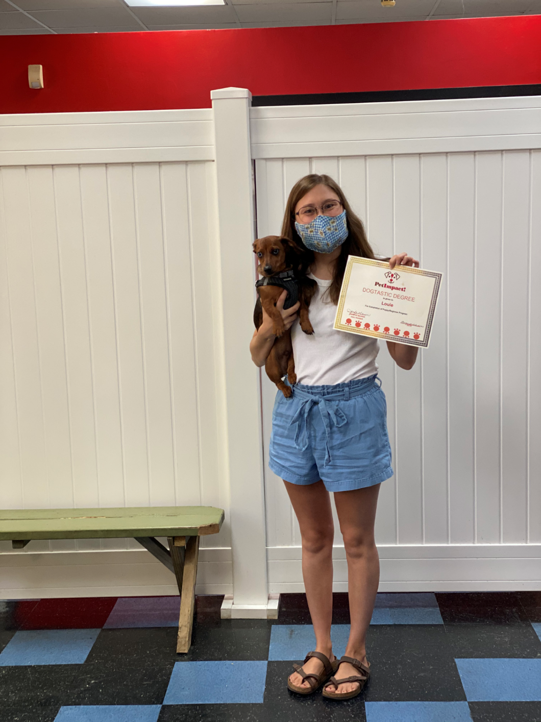 Woman holding a dog and a certificate; standing in front of a white wall with a green bench.