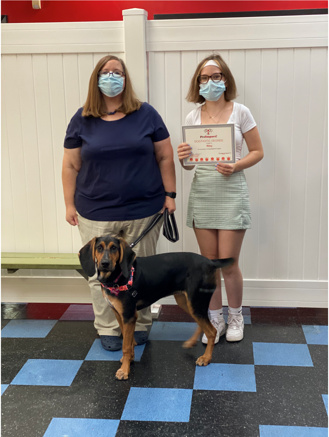 Woman, teen, and dog with award; dog is black and brown, wearing a pink collar, standing in front of blue and black tile.
