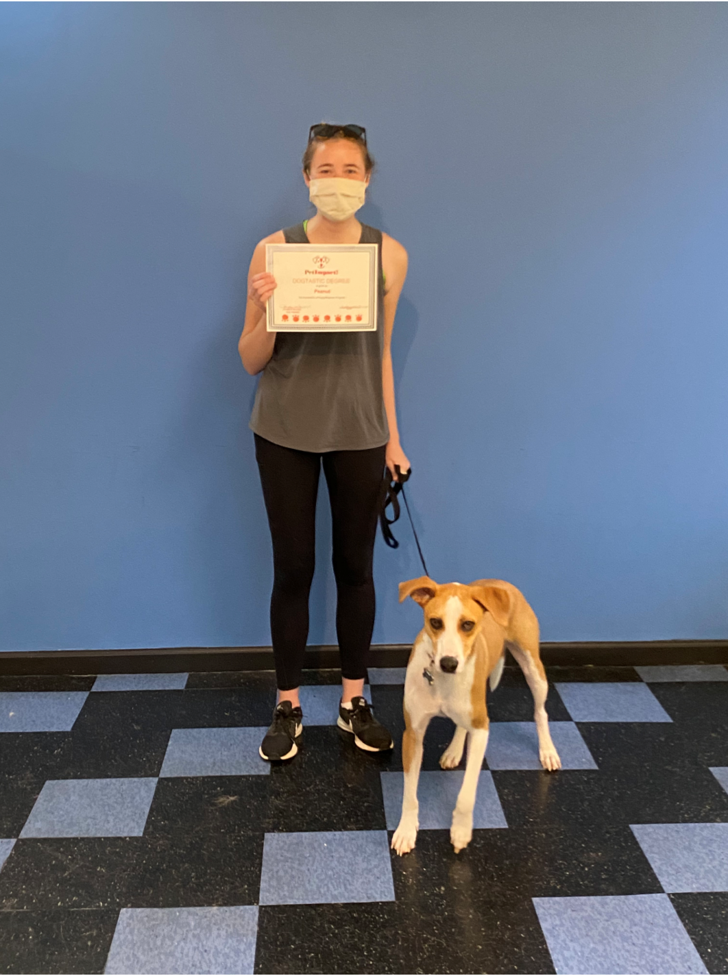 Woman in mask with dog holding a certificate in front of a blue wall. Black and white tiled floor.