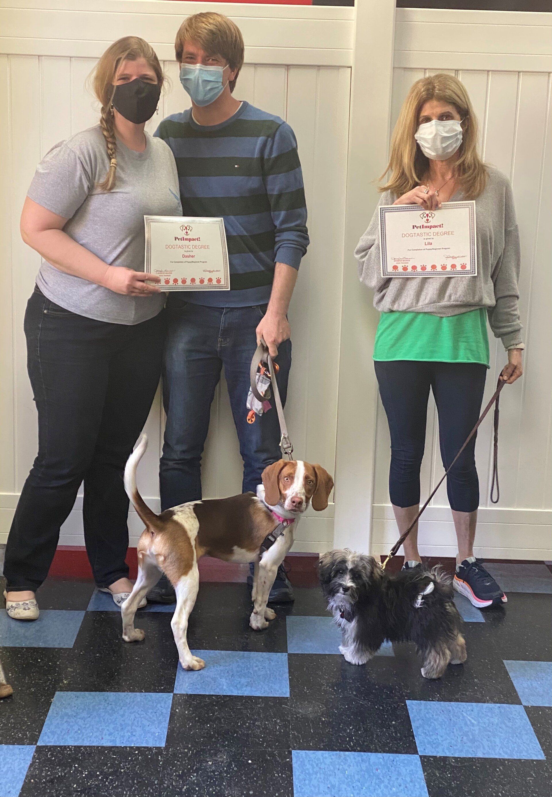 People and dogs holding certificates; indoors, dogs on leashes, people wearing masks.