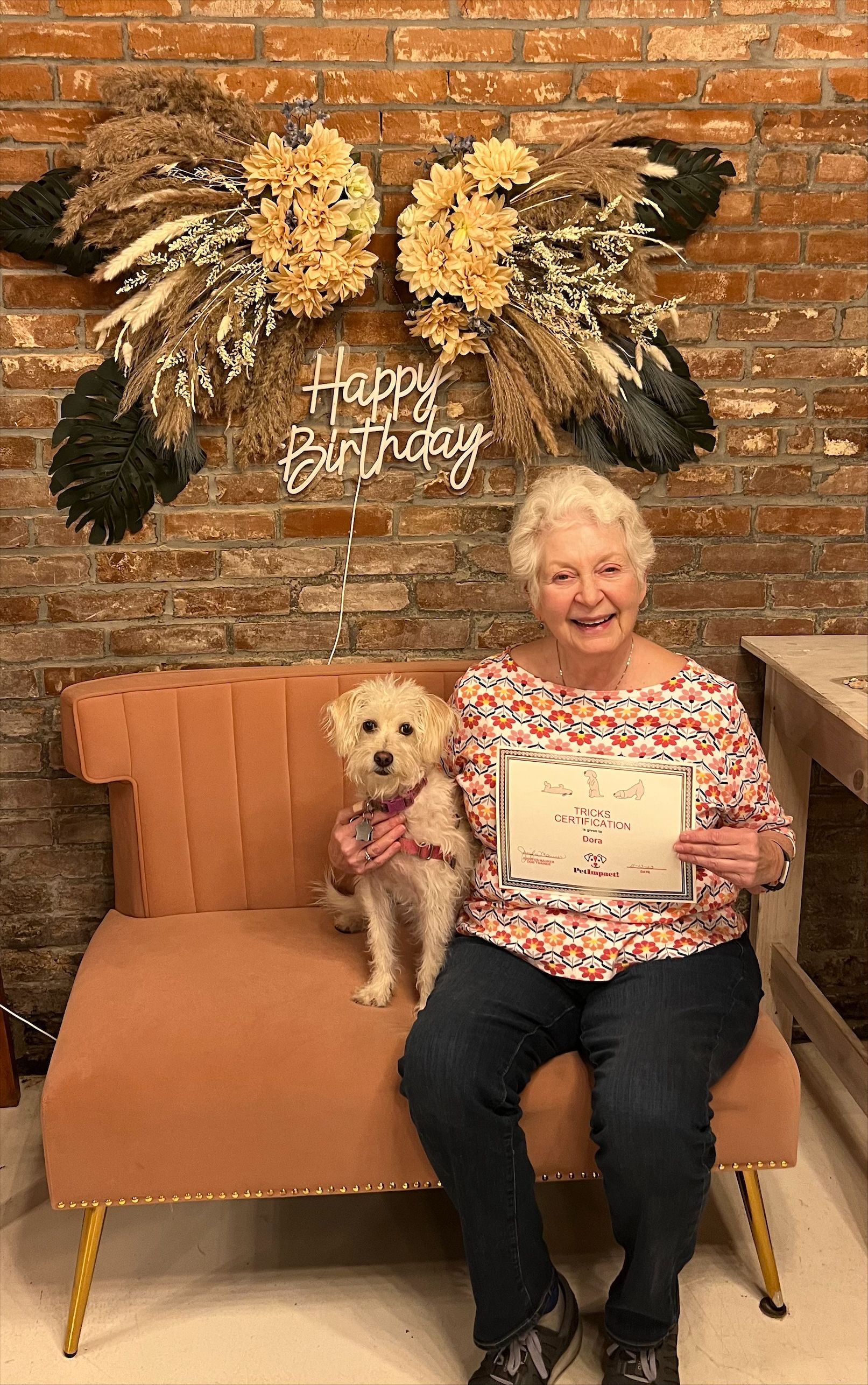 A grandmother and a dog on an orange couch — St. Louis, MO — PetImpact!