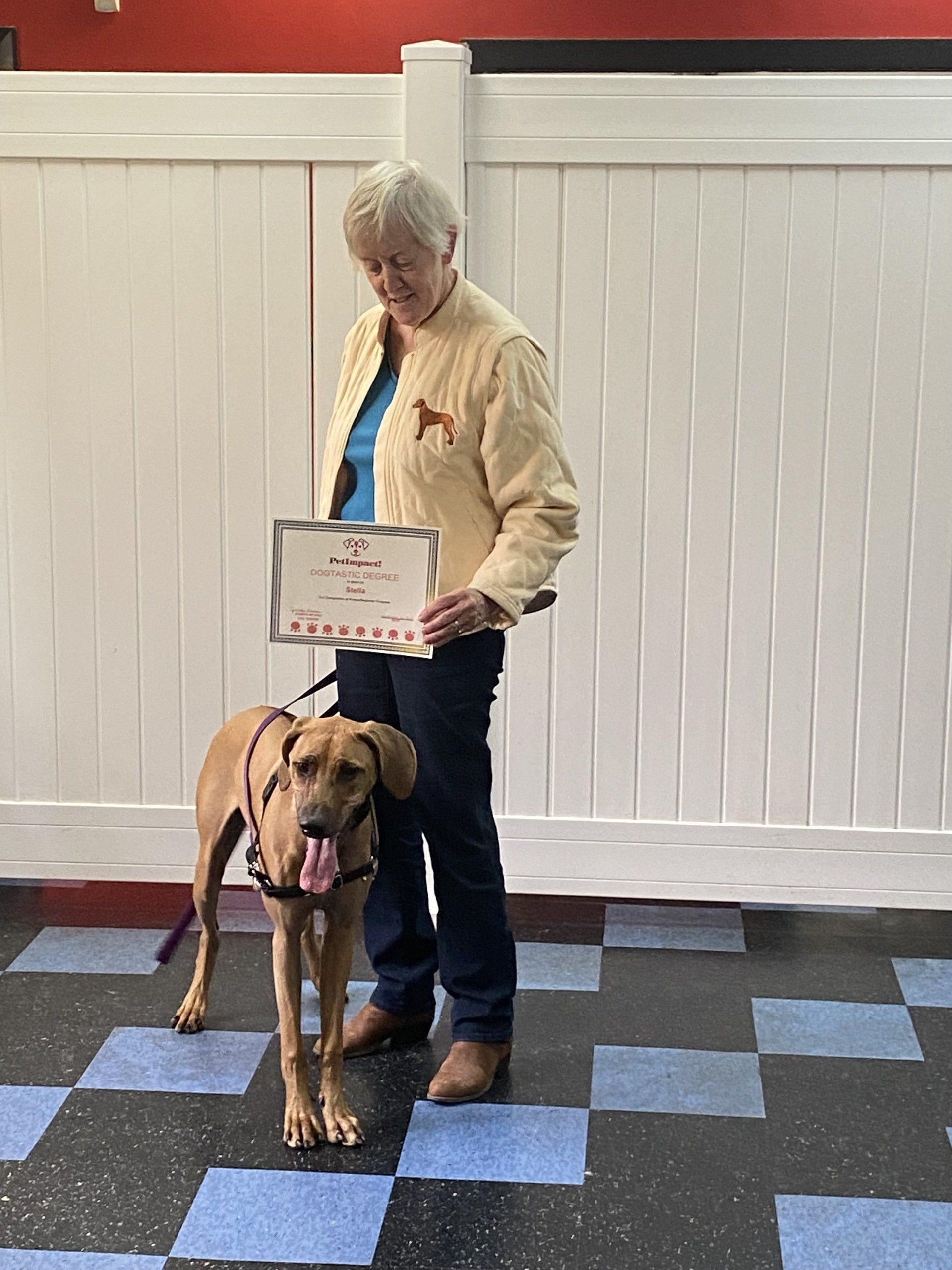 Woman with dog holding a certificate; standing indoors by a white fence and blue tiled floor.