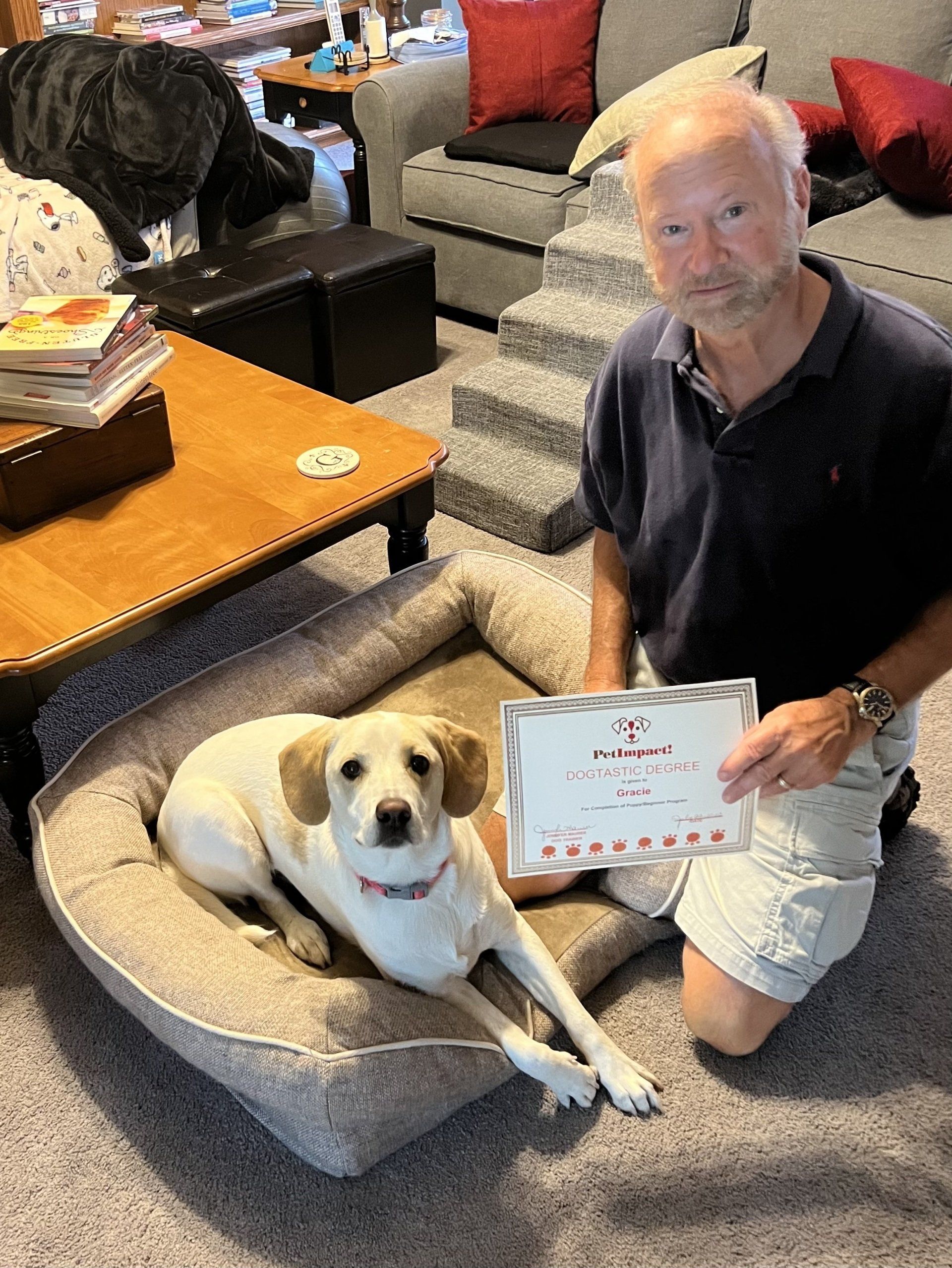 Man kneels with a dog in a bed, holding a certificate. Dog is light-colored. Interior with stairs and furniture.