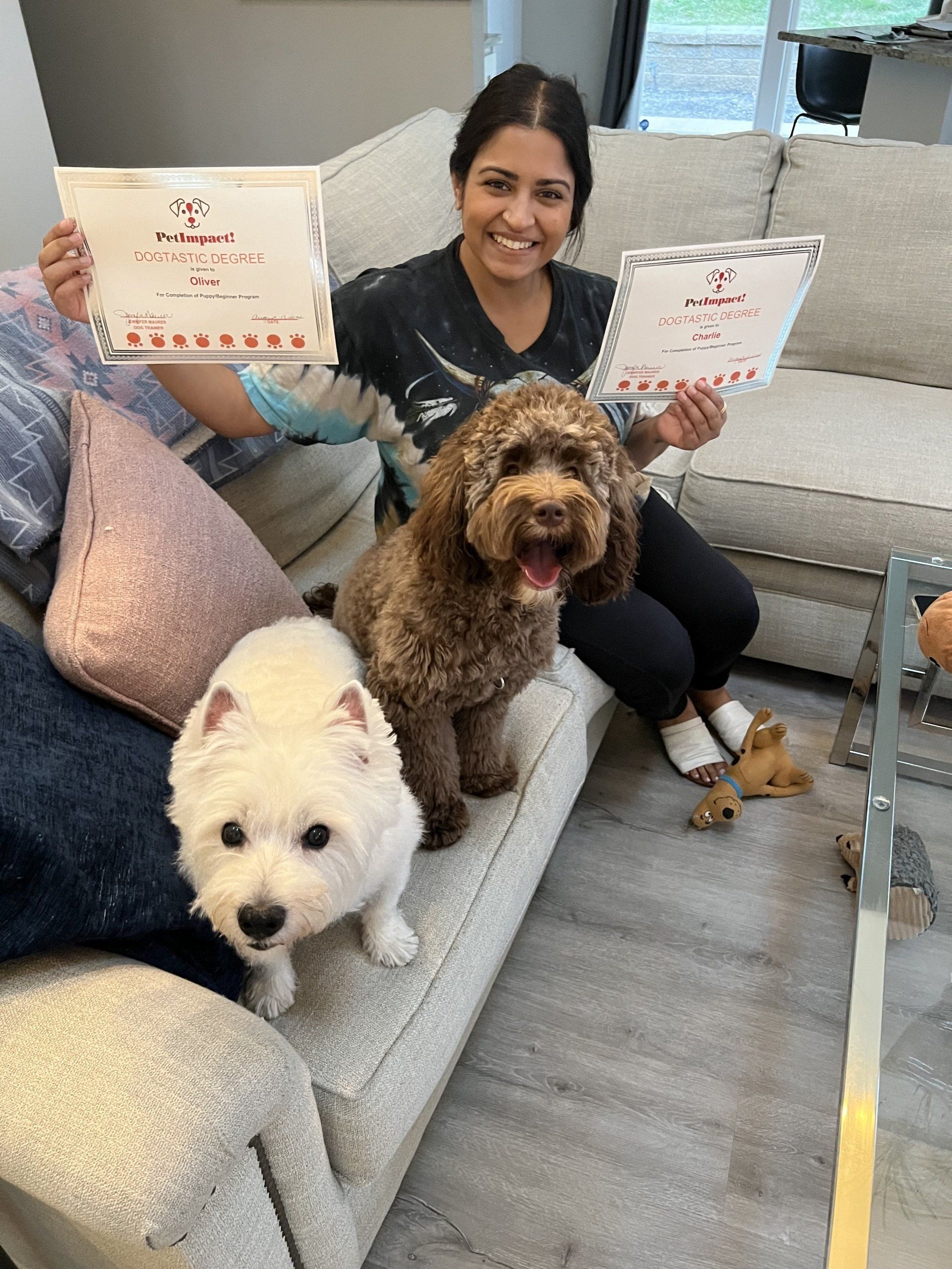 Woman on couch holding certificates with two dogs, a white and a brown one.