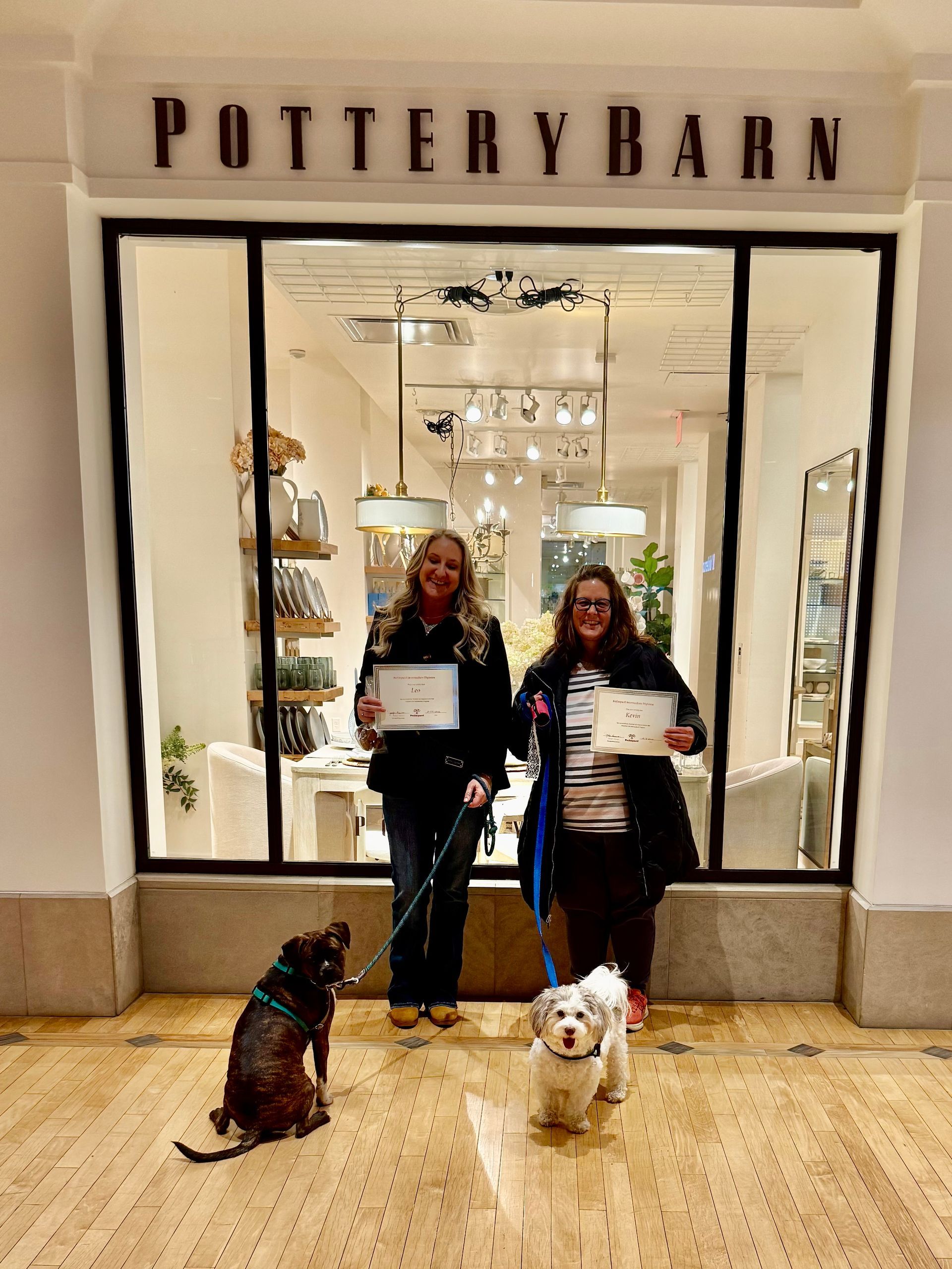 Two people and two dogs pose in front of a Pottery Barn store, holding papers.