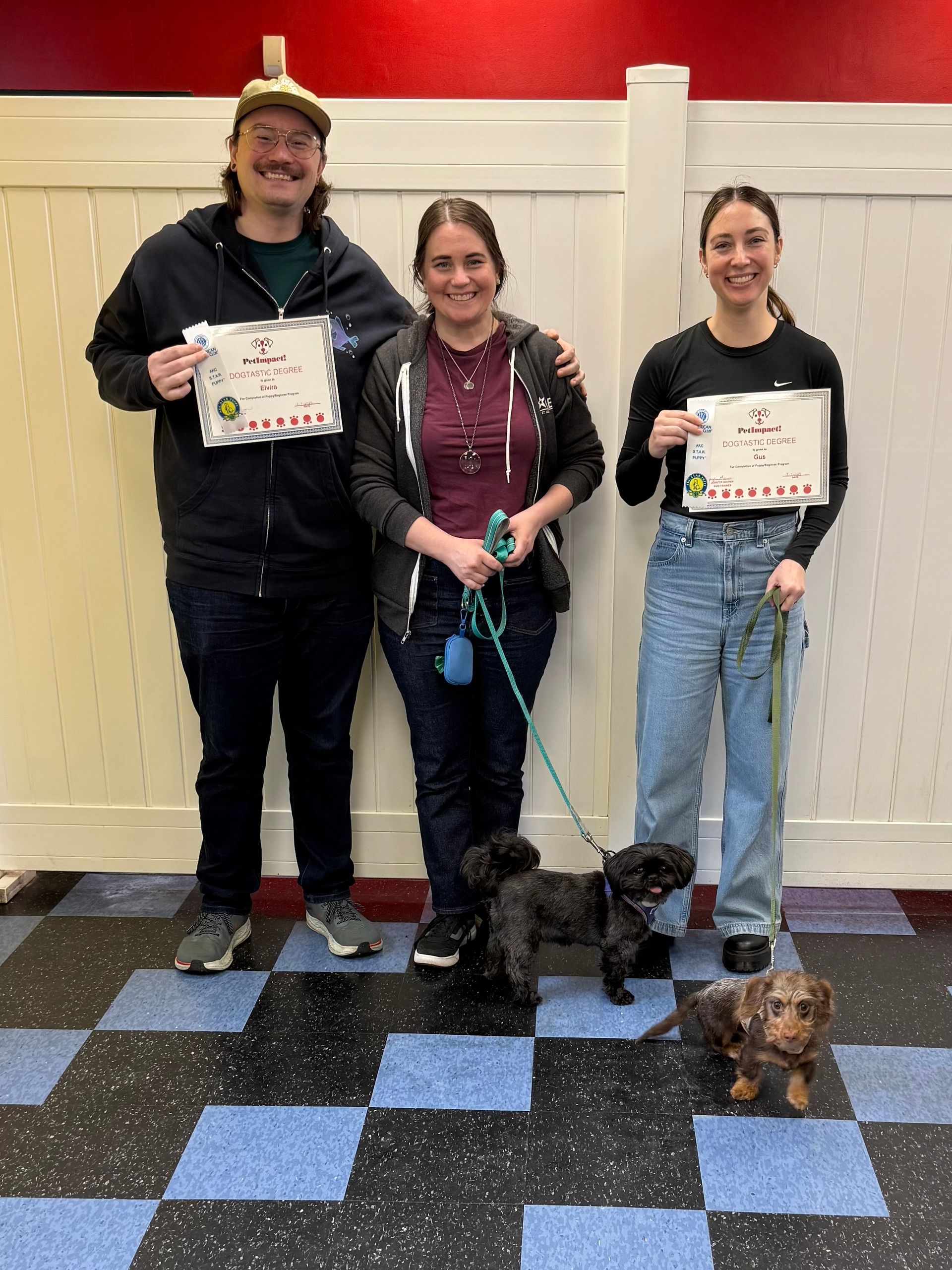Three people stand smiling indoors with two small dogs on a blue and black checkered floor, holding graduation certificates.