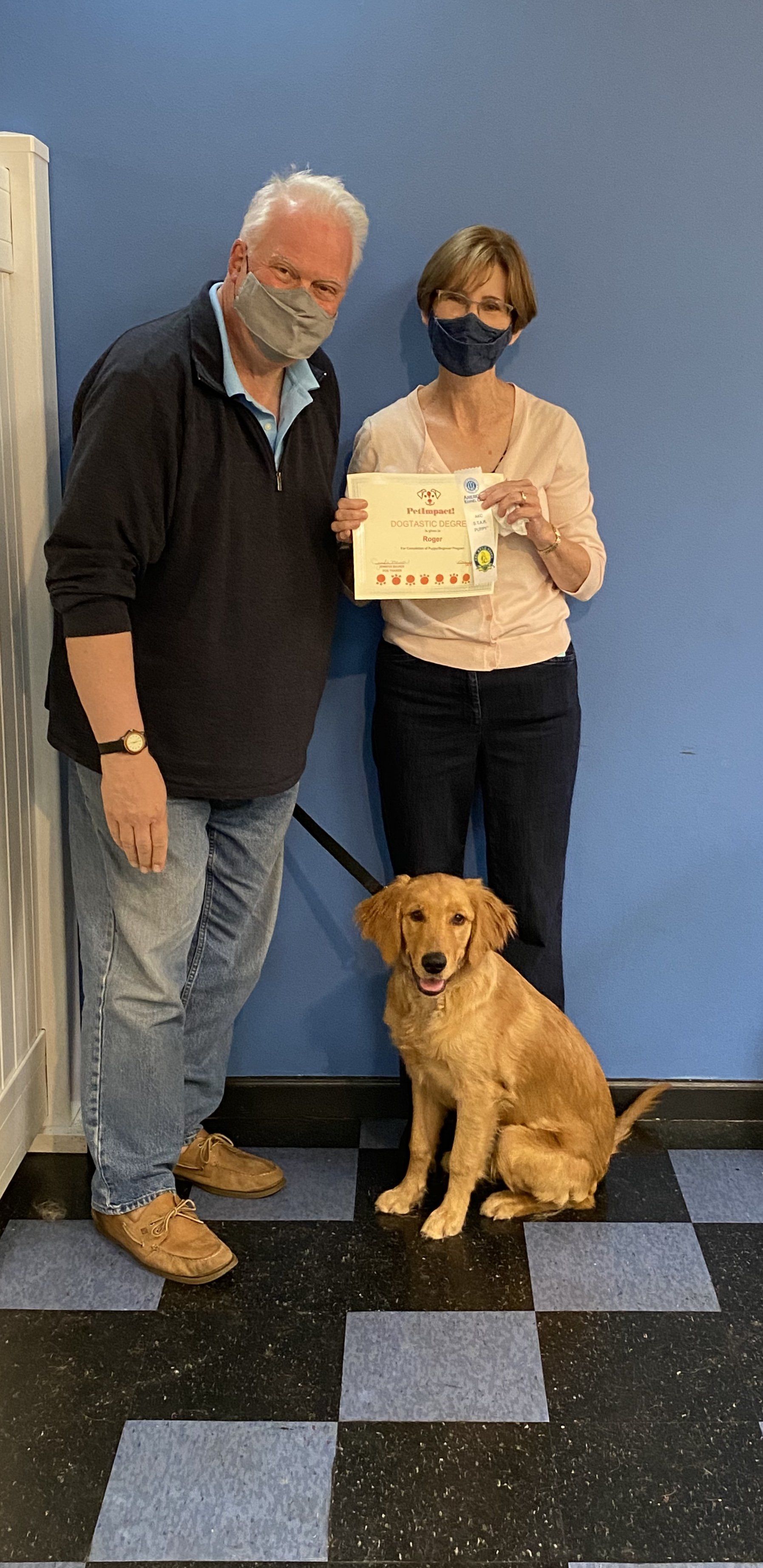 A golden retriever sits with a couple holding a certificate. Blue wall, black and blue checkered floor.