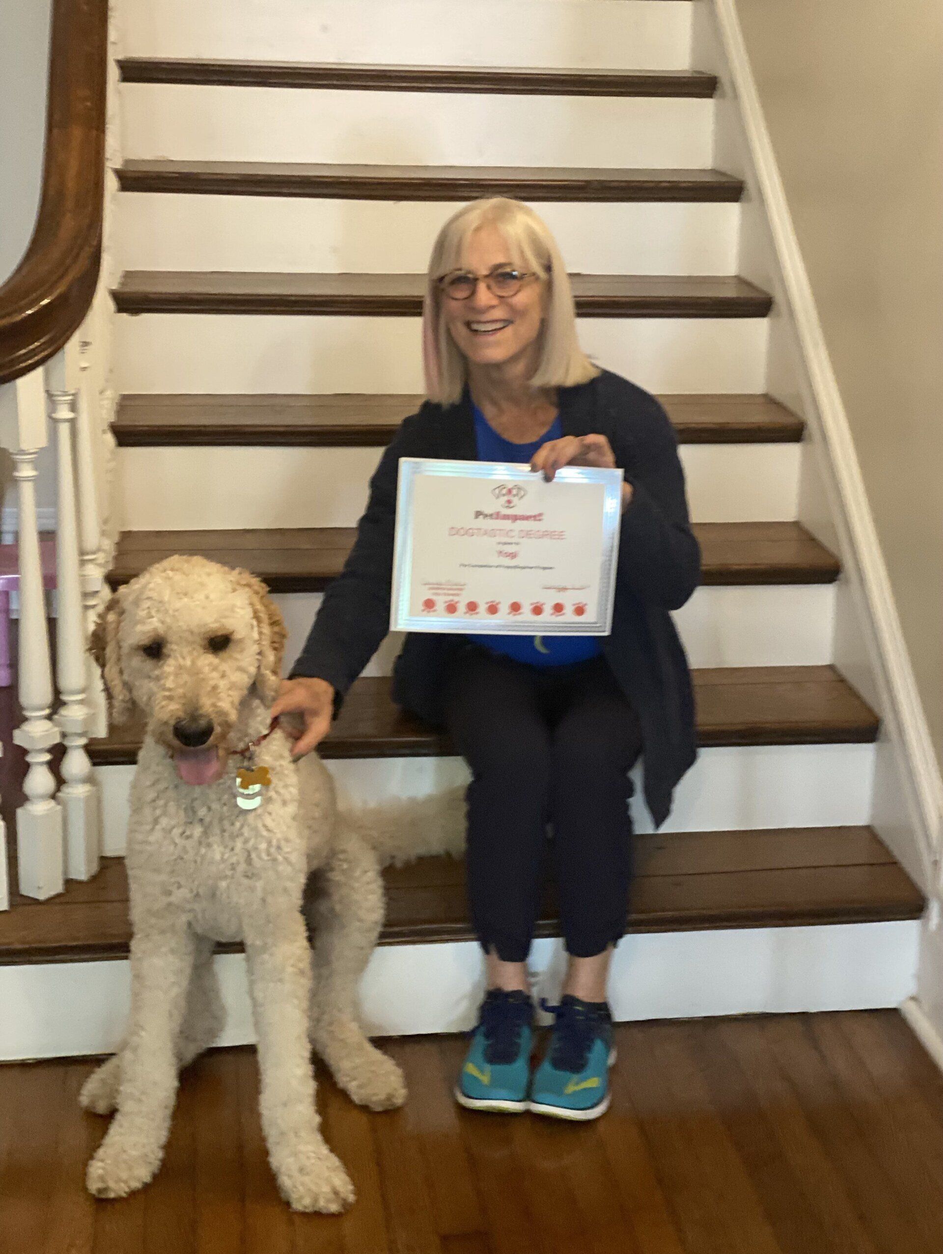 White Poodle With Its Lady Owner Holding Certificate — St. Louis, MO — PetImpact!