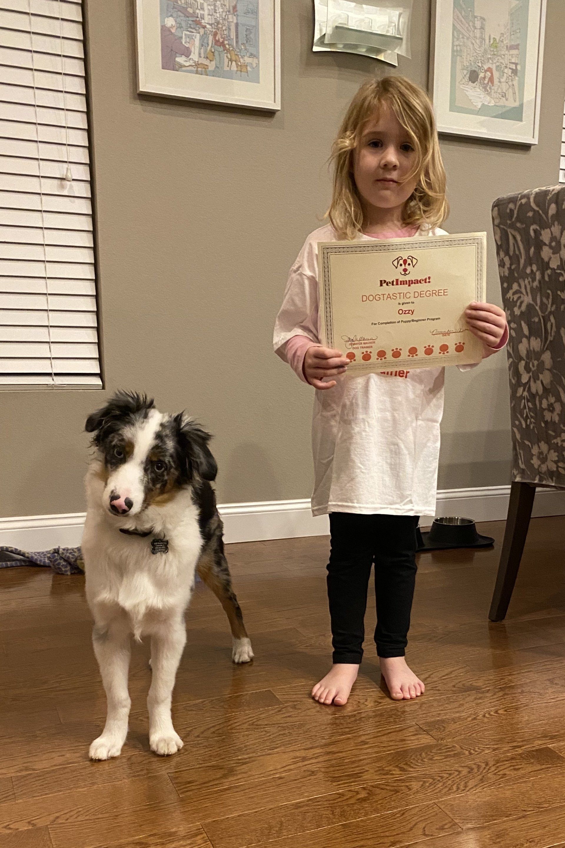 A girl holds a certificate next to a dog in a home. The dog is looking at the camera.