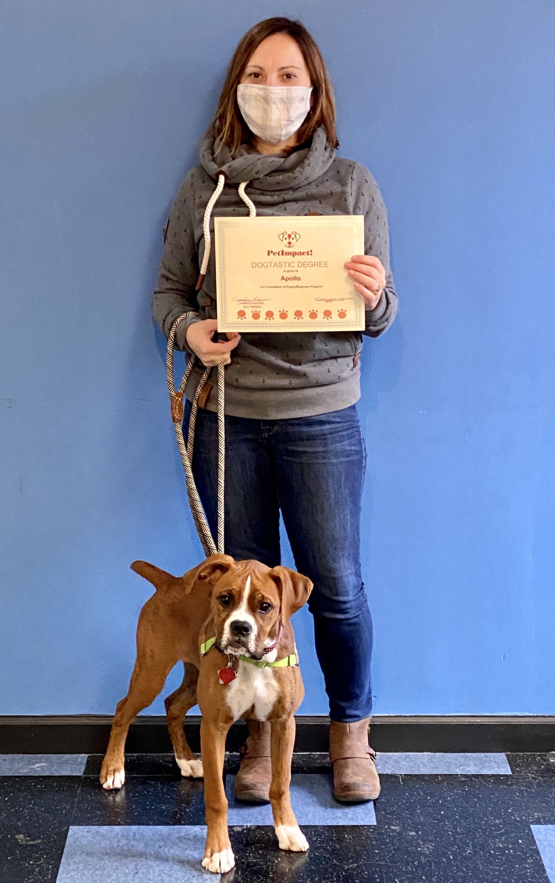 Woman wearing mask holding award, standing with boxer dog against blue wall.