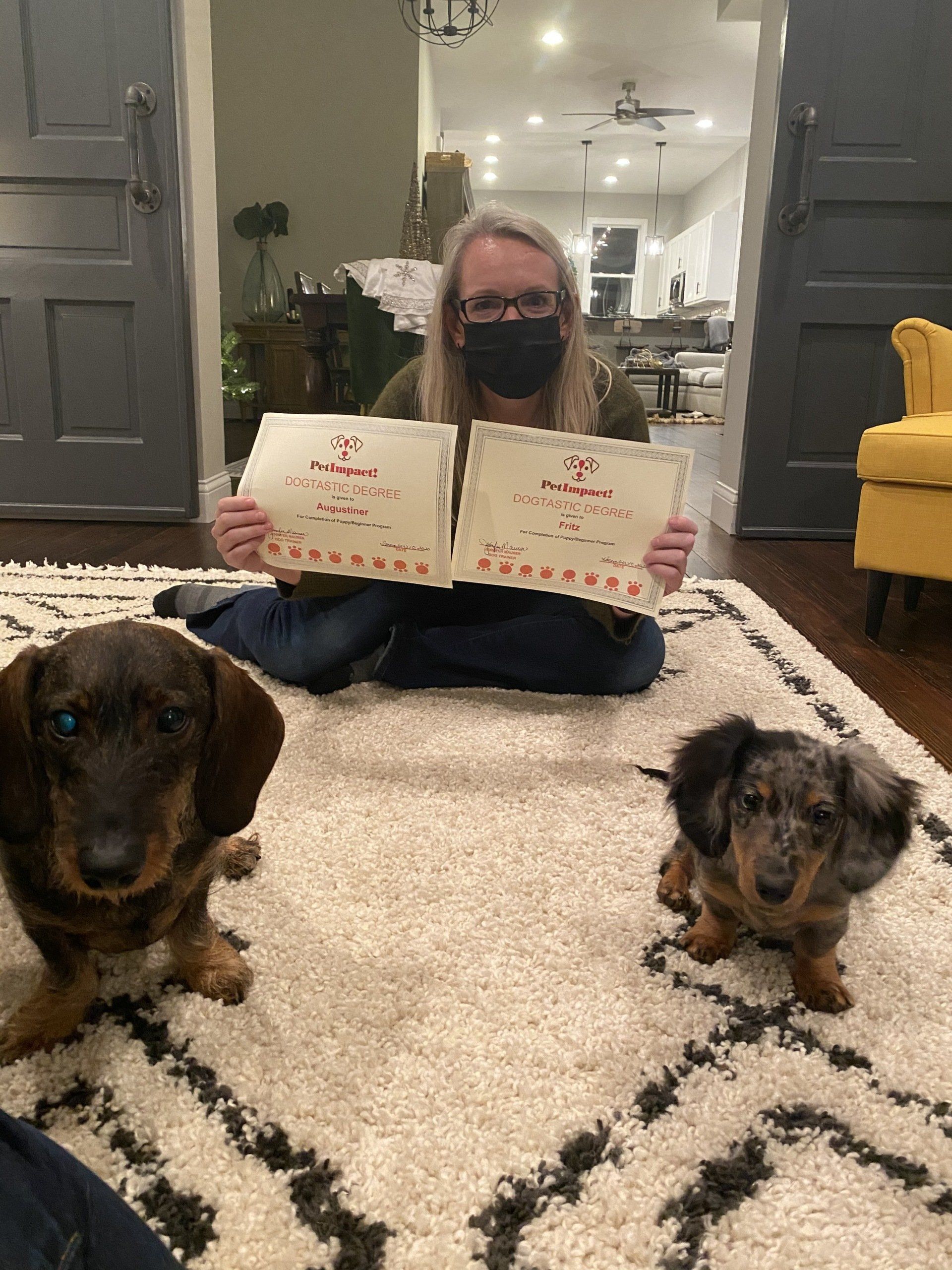 Woman wearing a mask holding two signs, flanked by two dachshunds on a rug.