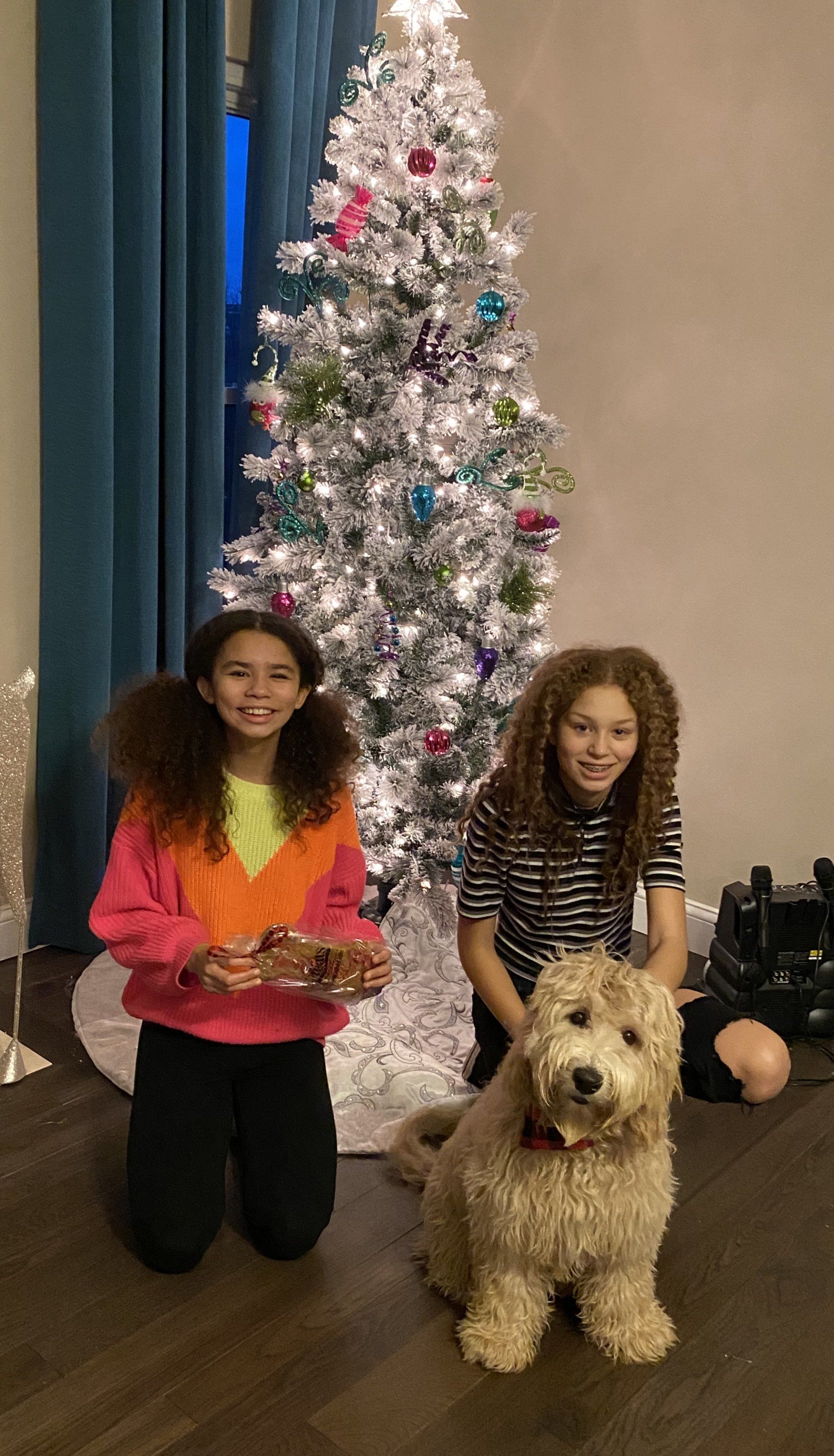 Two girls and a dog pose by a decorated Christmas tree. One girl holds a treat.