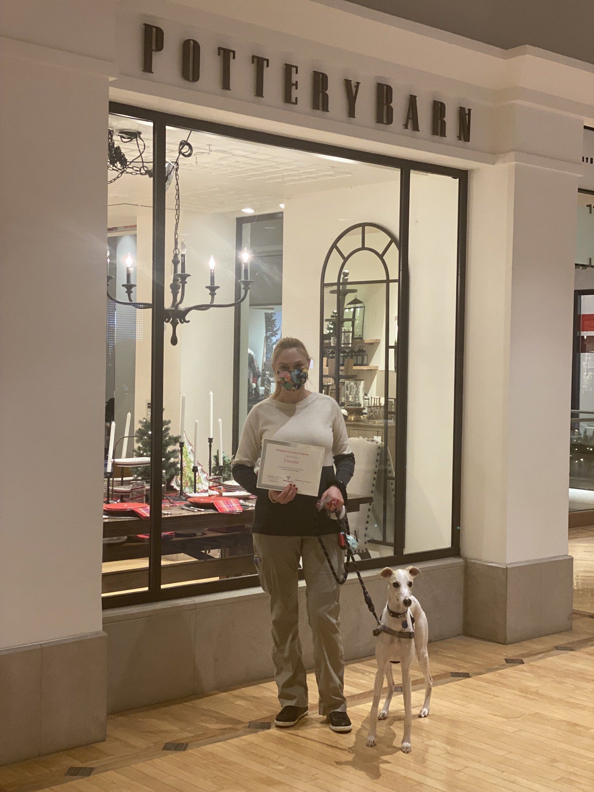Woman in mask and dog outside Pottery Barn store.