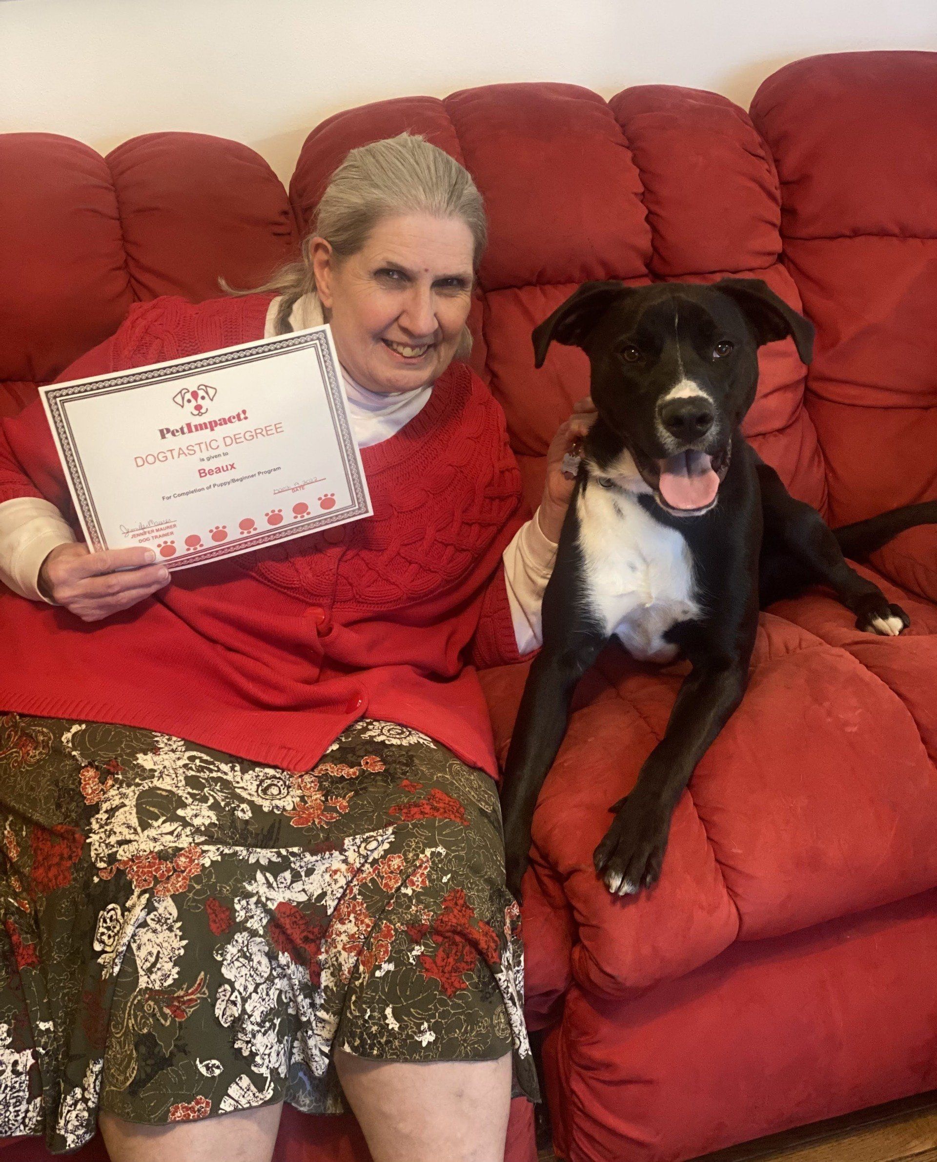 Woman in red with a black and white dog on a red couch, holding a framed certificate.