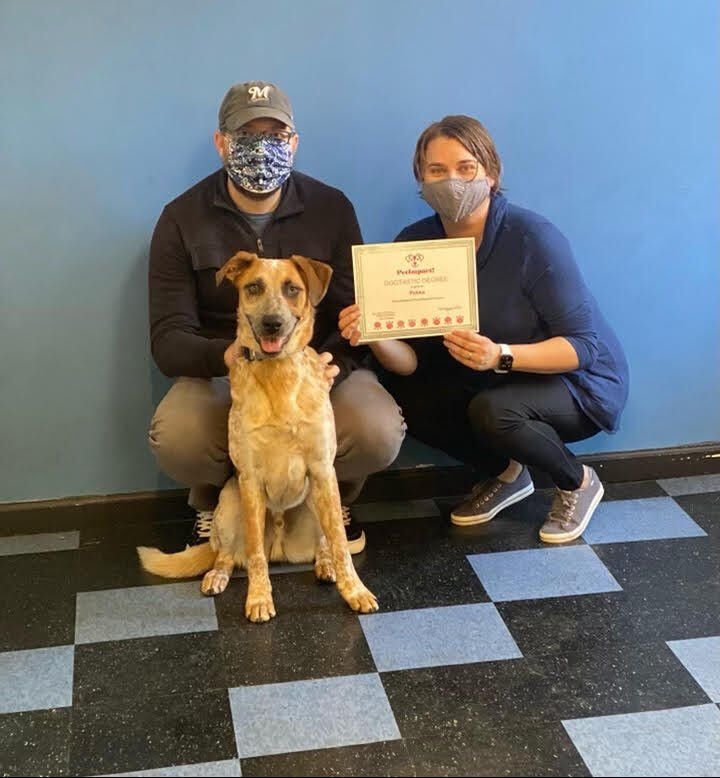 Two people and a dog pose with a certificate in front of a blue wall.