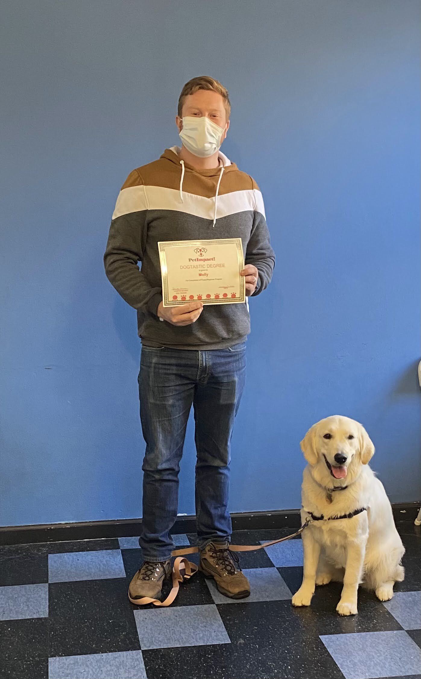 Man in mask holds a certificate next to a golden lab seated on the floor in front of a blue wall.