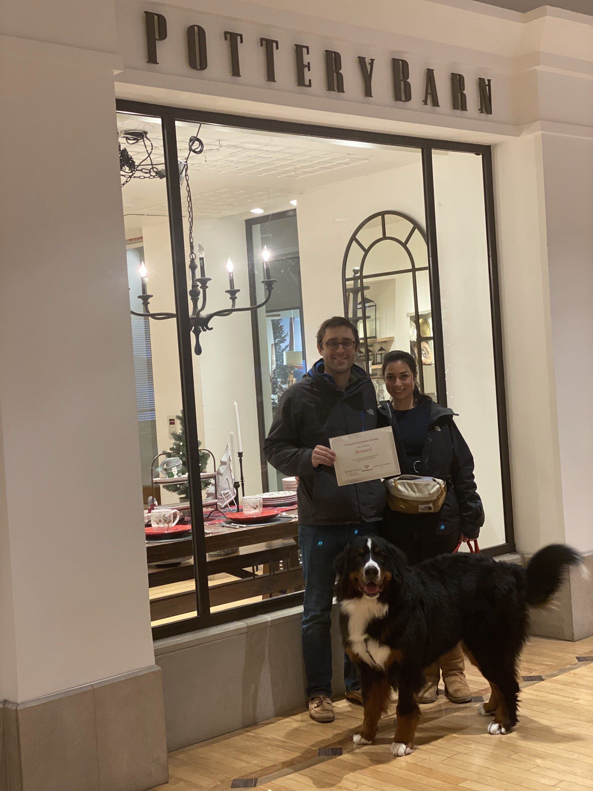 Two people and Bernese Mountain Dog pose in front of a Pottery Barn store. They hold a paper.