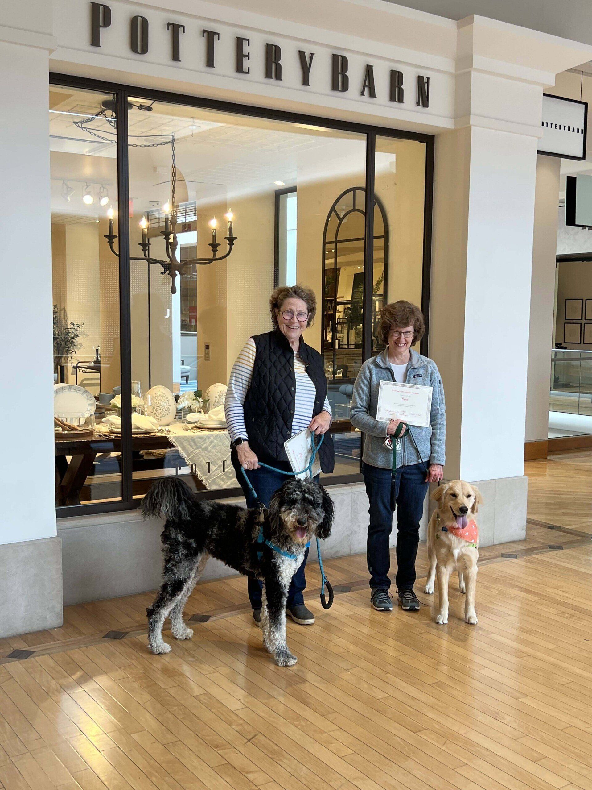 Two women with dogs in front of Pottery Barn store. One dog is a multicolored doodle; the other is a golden lab.