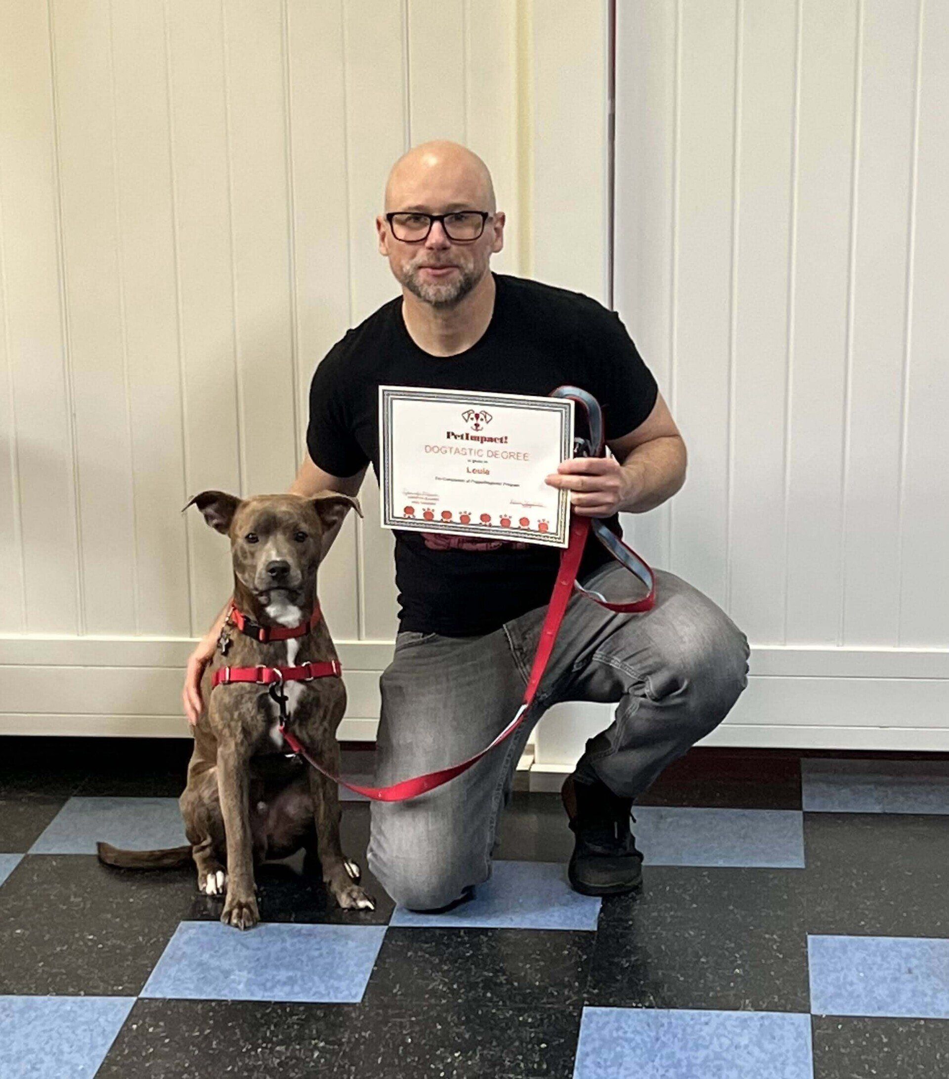 Man kneeling with dog, holding a certificate. The dog is brown and wearing a red collar. Black and blue tiled floor.