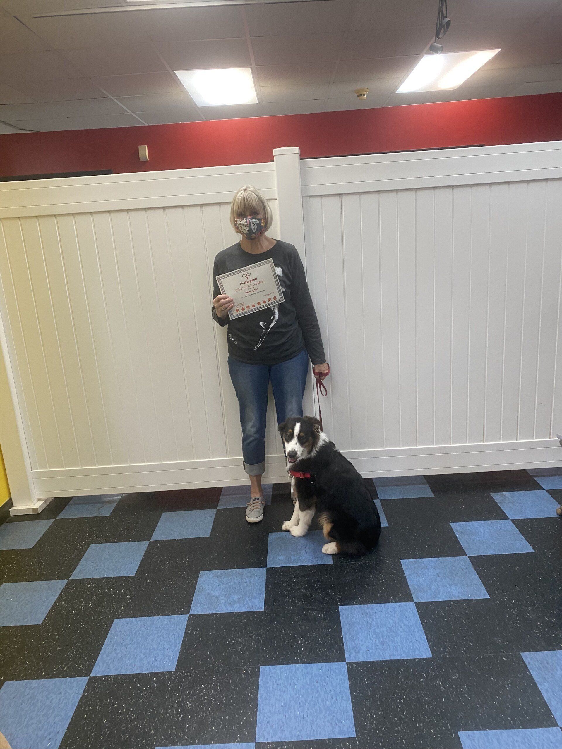 Dog Remington With Its Lady Owner Holding Certificate — St. Louis, MO — PetImpact!