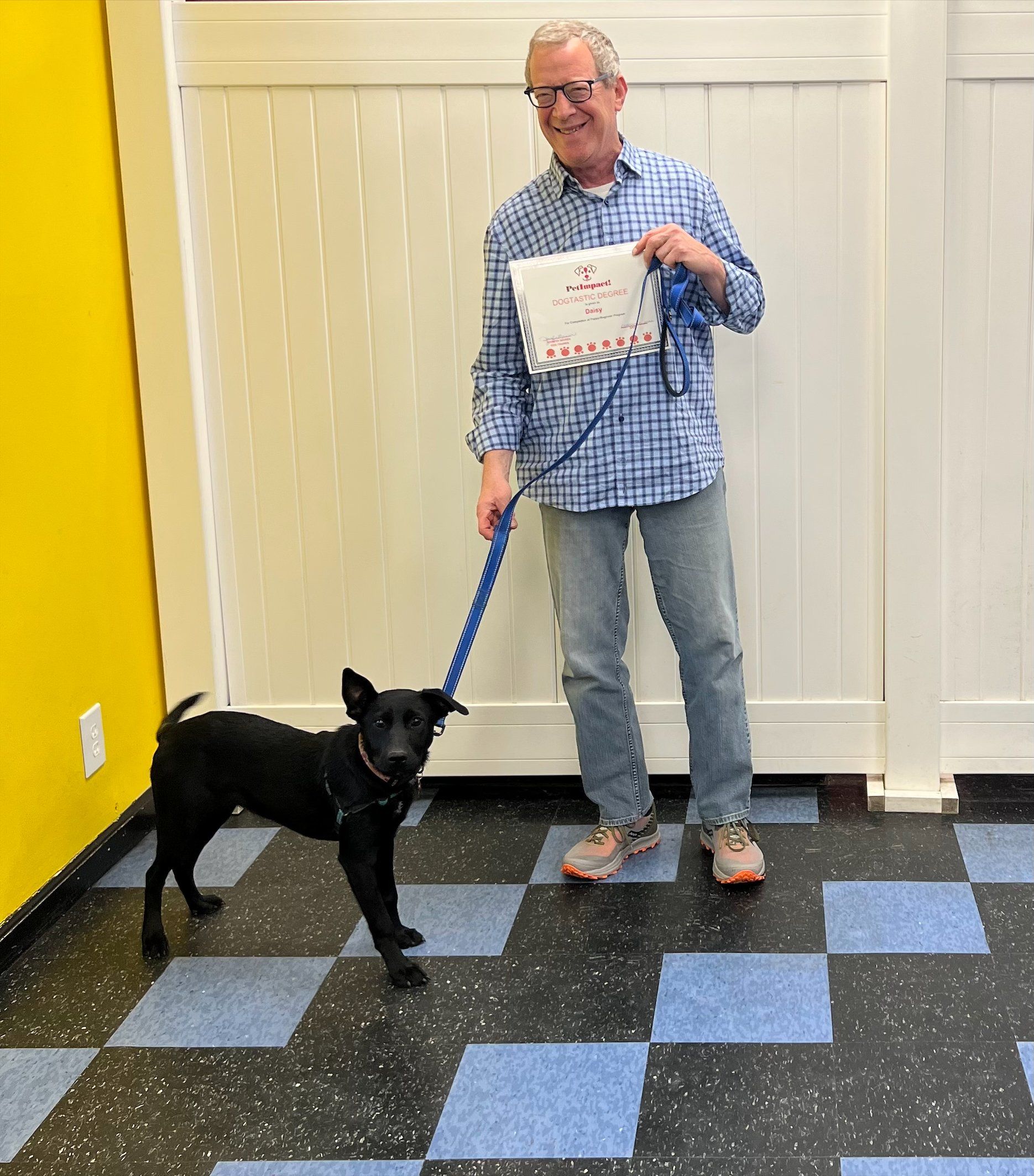 Man in checkered shirt holding a leash with a black dog and a certificate in a room with blue and black checkered floor.