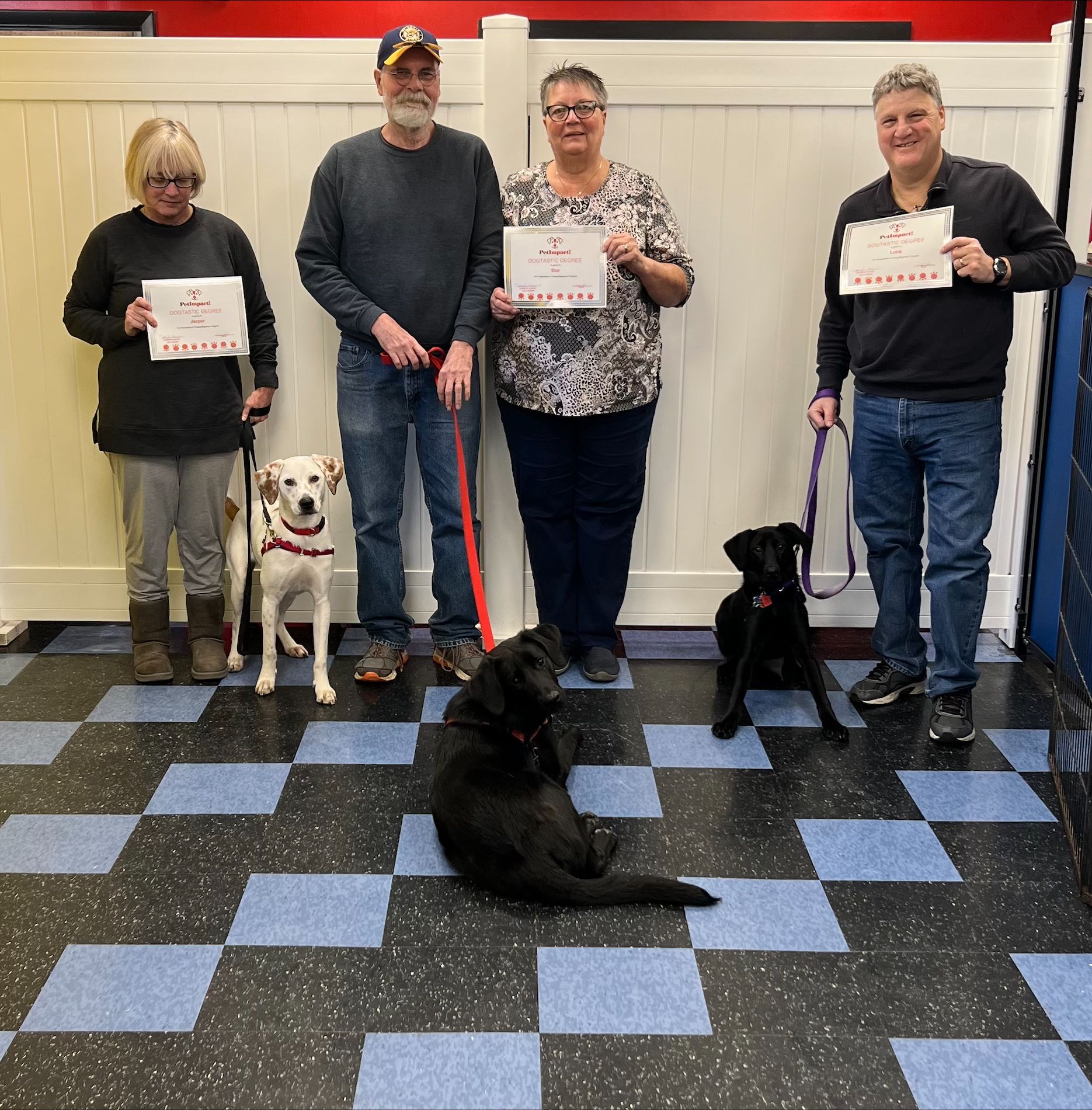 Four people and dogs pose for photo, each holding certificate. Indoor setting with blue/black checkered floor.