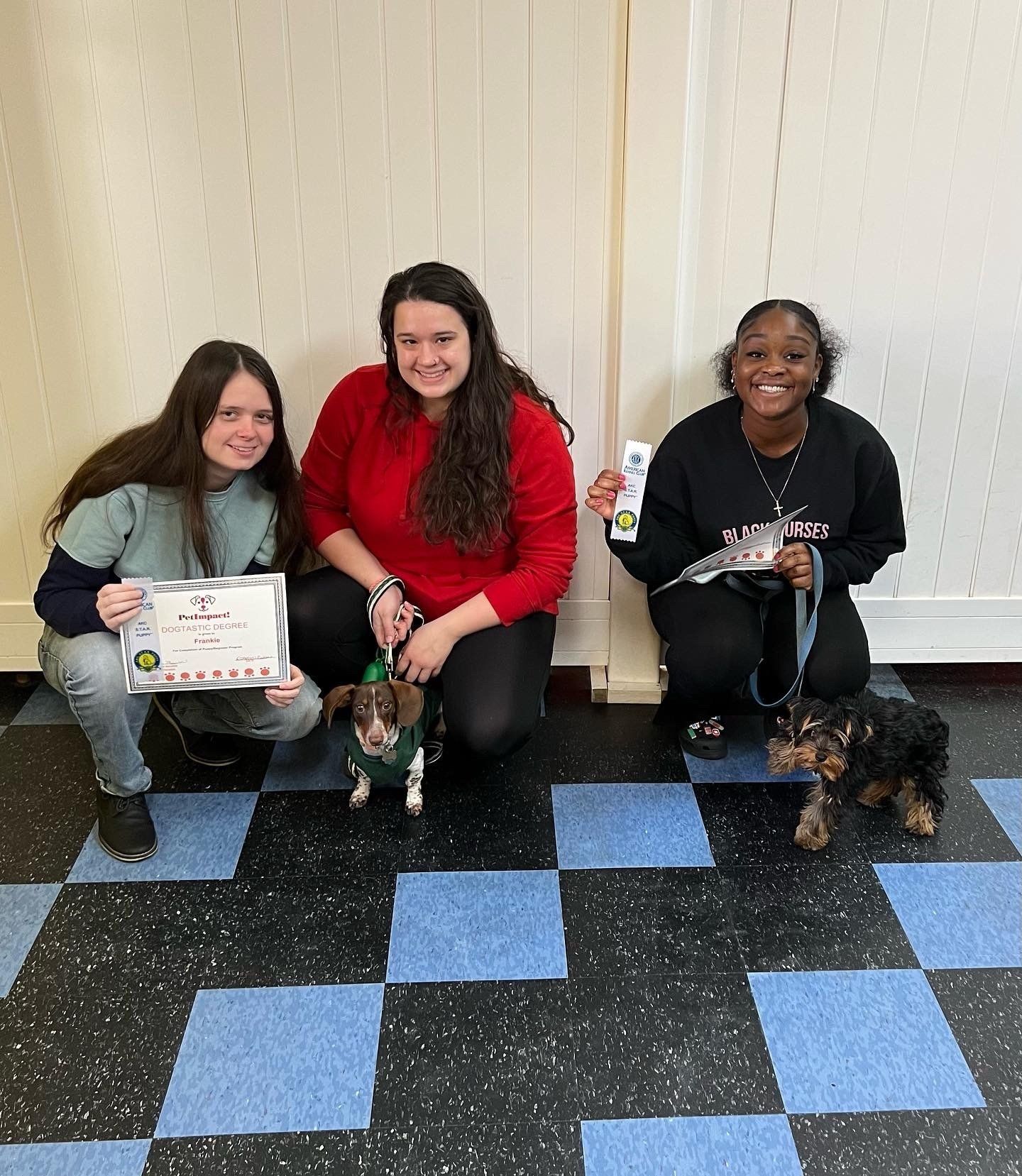 Three people kneeling with small dogs, holding certificates. They are indoors with a checkered floor.