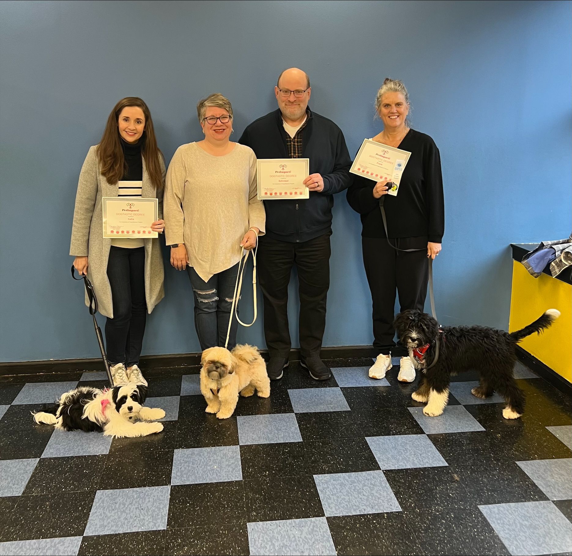 Four people with leashed dogs holding certificates in a room with blue and black tiled floor.